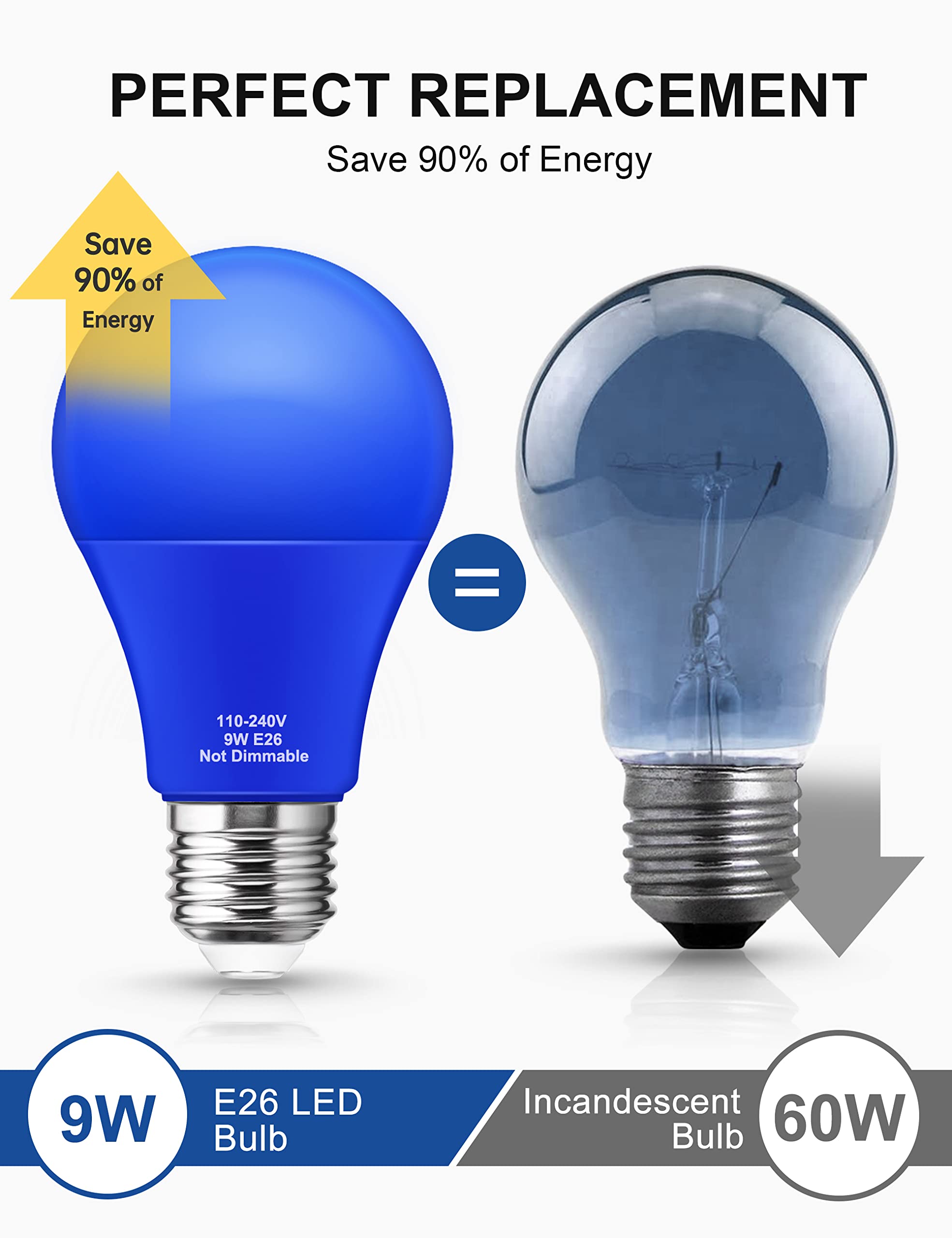 Blue Light Bulbs [ 4 Pack ] A19 Blue LED Light Bulbs Outdoor 60W Equivalent 9W, E26 Blue Bulbs, Party Decoration, LED Blue Color