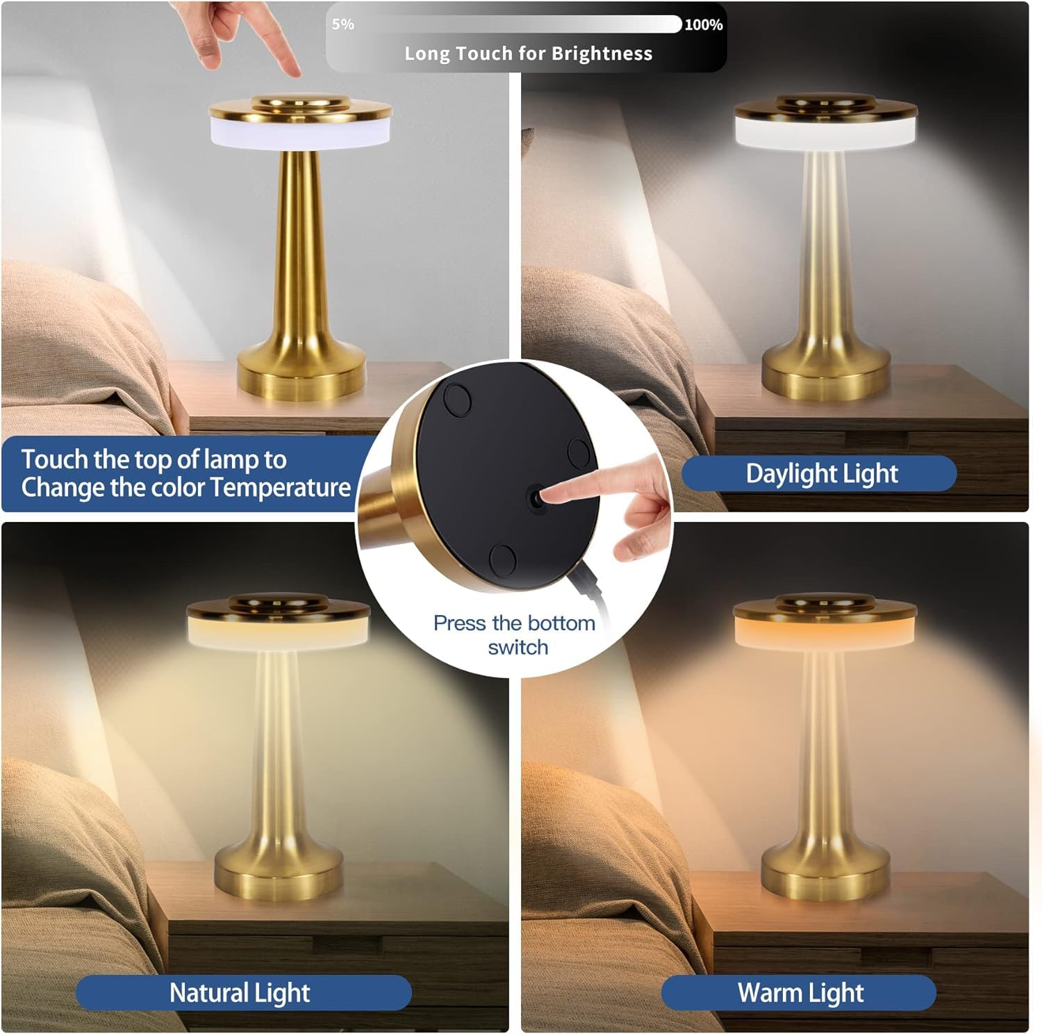 Sunligtgo Table Lamp Desk Lamp, Table Sensor Control Beside Lamps, Kids Night Light With Stepless Dimming & Charging Completed T