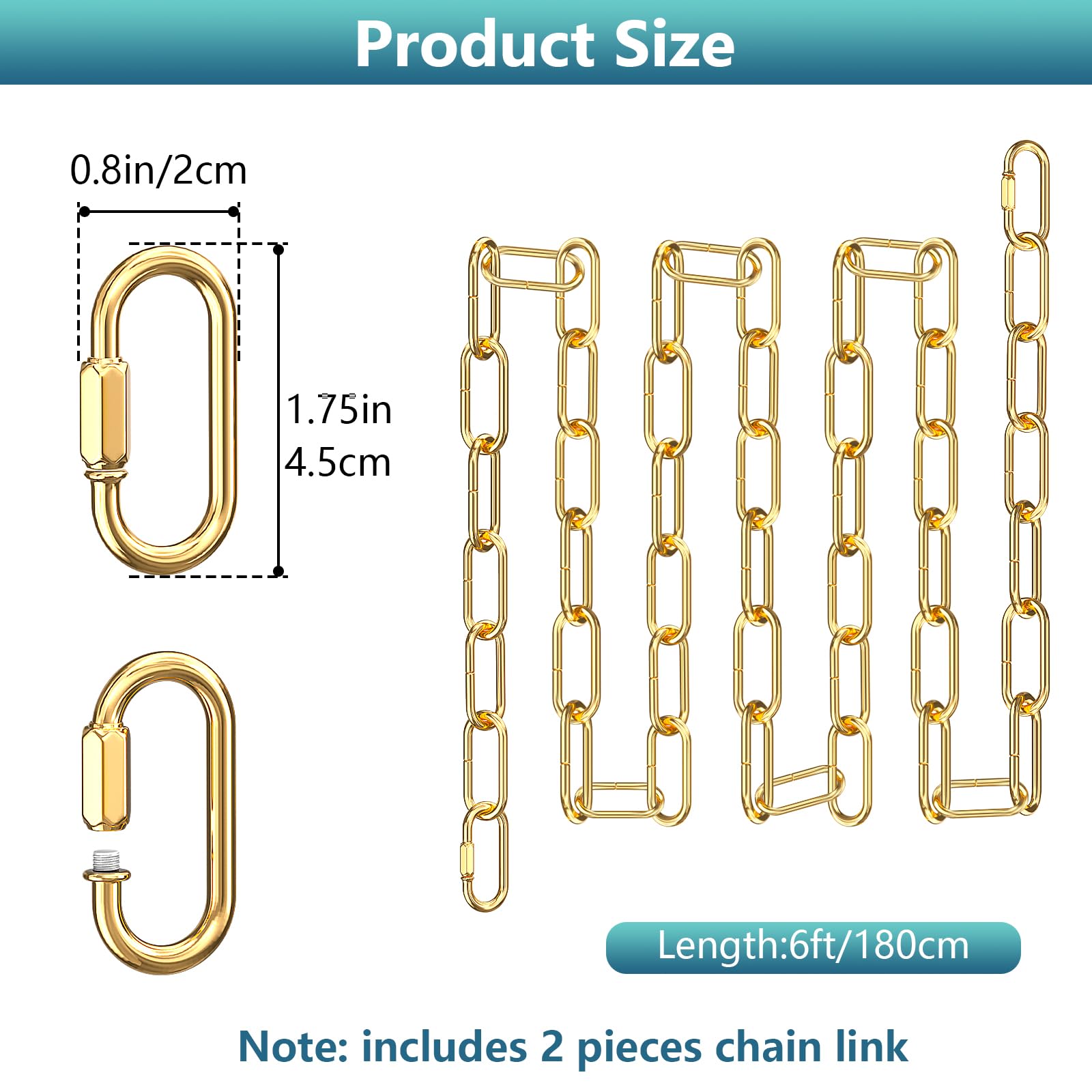 Garini Gold Pendant Chandelier Chain Extension, 6 Feet Adjustable, Metal, 2 Pack, Maximum Load 66 Pounds, Model I0-PF8T-45LO