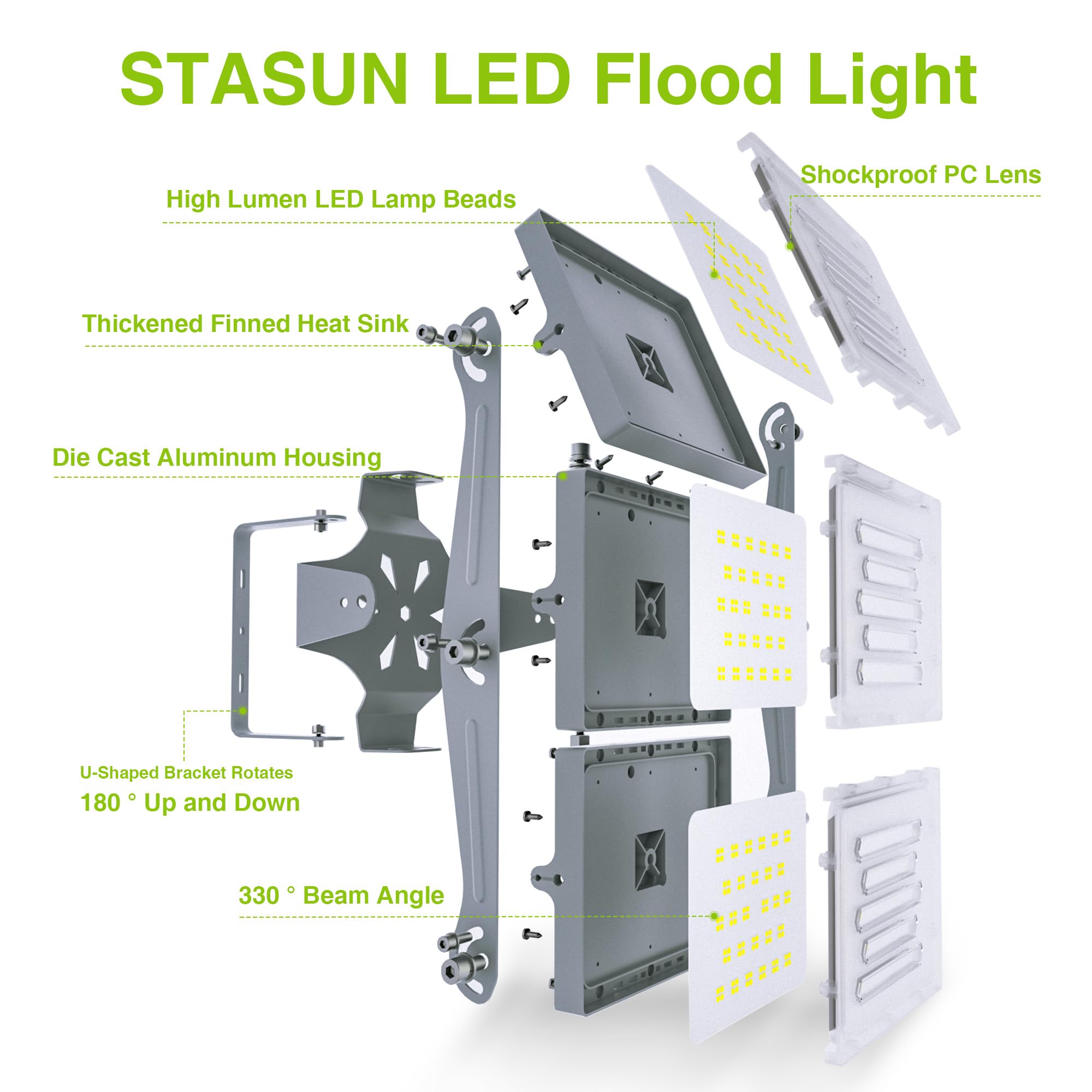 Stasun 2 Pack Led Flood Lights Outdoor, 300W 30000Lm 6000K Daylight White Ip66 Waterproof, Commercial Parking Lot Lights, 3 Head
