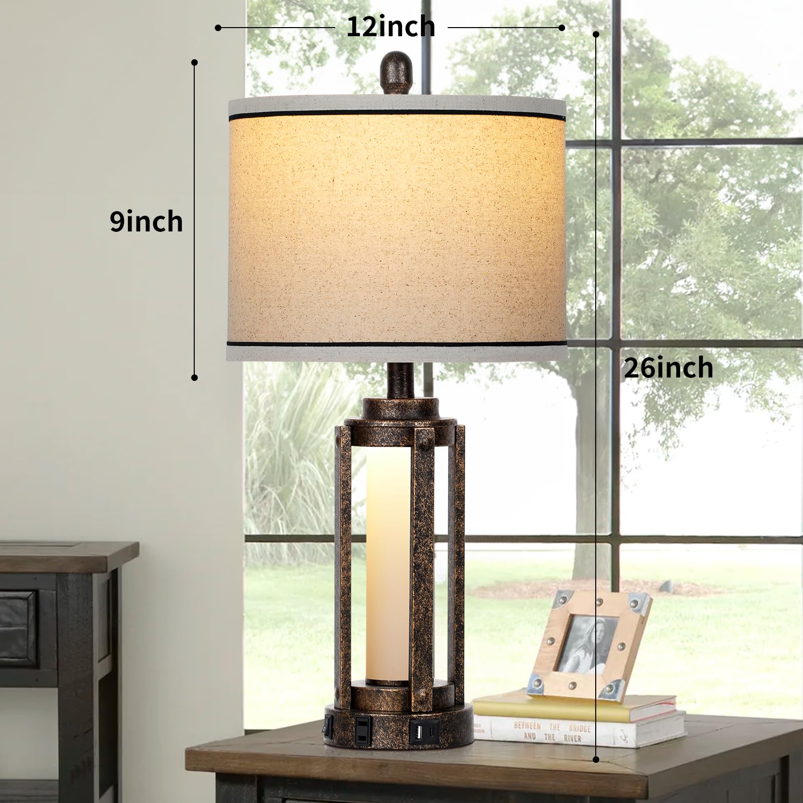 Farmhouse Lamps With Usb A+C Charging Ports & Ac Outlet, Rustic Vintage Industrial Table Lamps Metal Lamp With Glass Led Night Light & Beige Fabric Shade For Living Room Bedrooms Nightstand Bronze