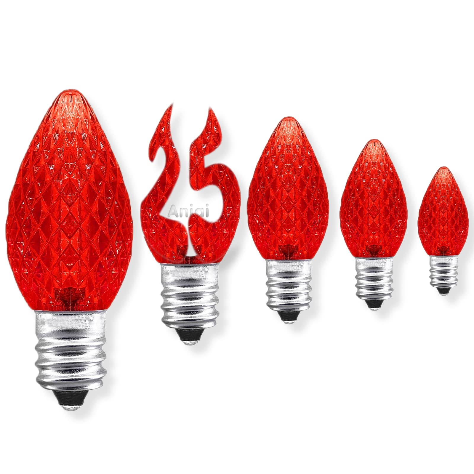 Aniai C7 LED Christmas Light Bulbs, 25 Count, E12 Base, Red, Outdoor String Lights, Commercial Grade