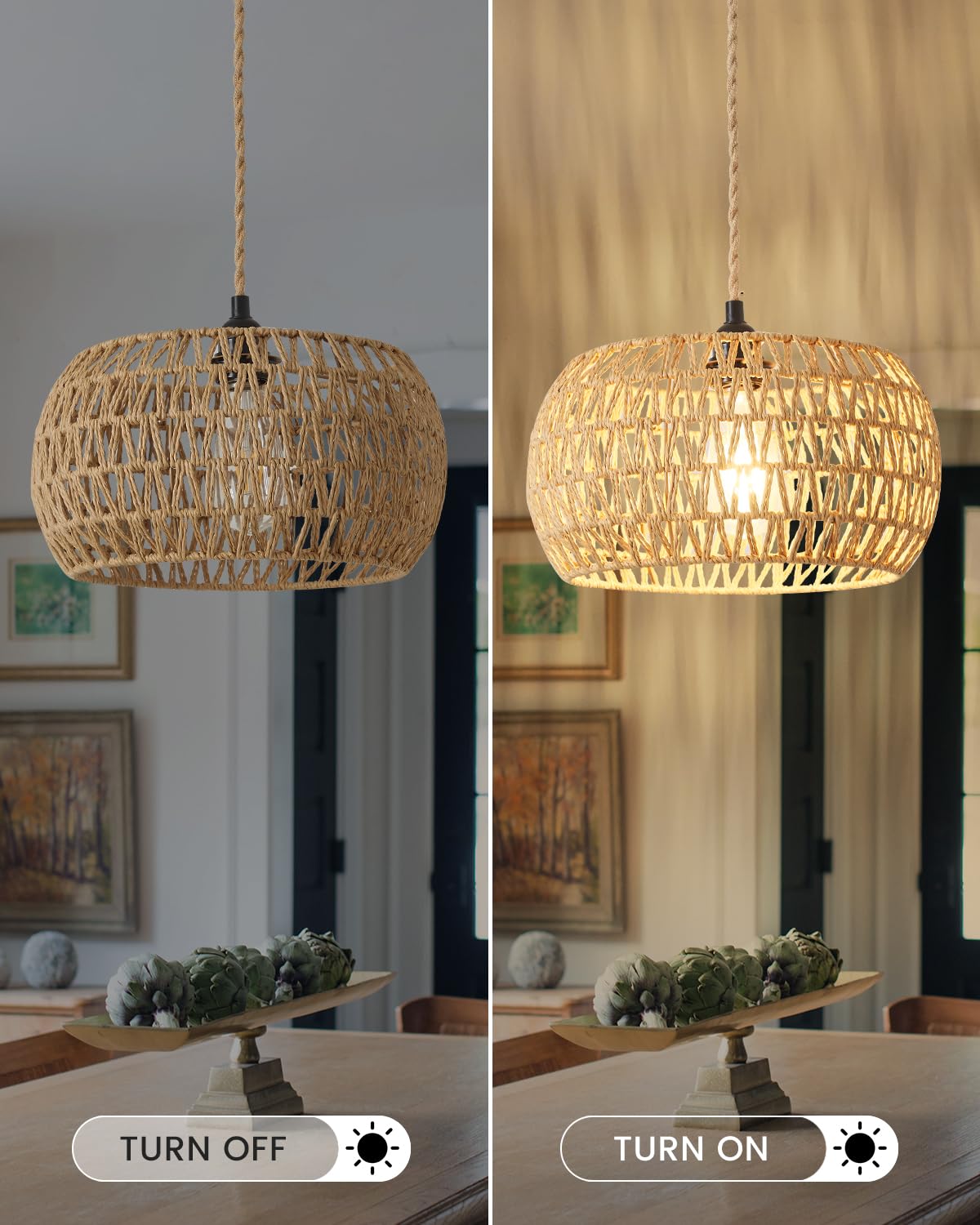 Rattan Boho Hanging Light,12.6'' Natural Hand Woven Fabric Drum Light,Plug Into Wall Outlet Pendant Light Fixture On/Off Switch