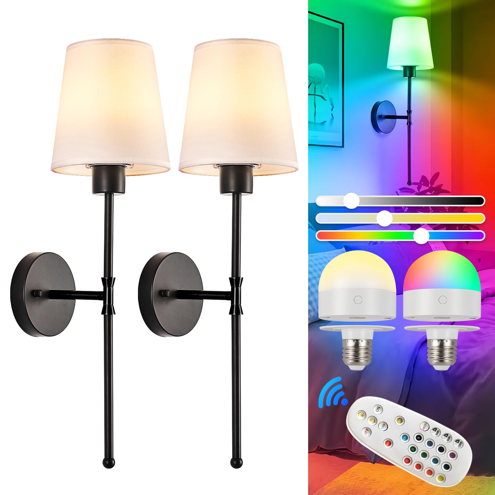 Depuley Wall Sconce Set of 2, Rechargeable, Dimmable Bulb, 24 Inch, Black, E26 Base, Wireless, 15 Colors
