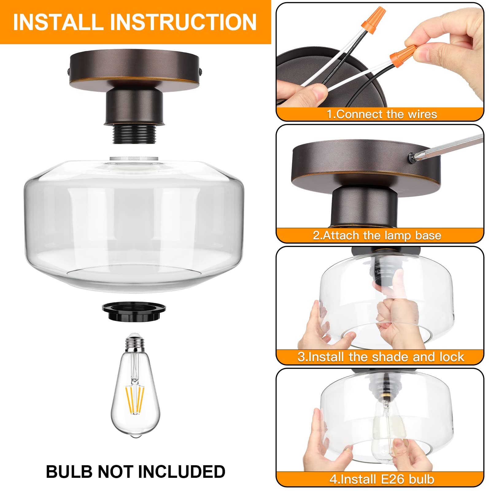 Maxvolador Industrial Semi Flush Mount Ceiling Light, Clear Glass Pendant Lamp Shade, Oil Rubbed Bronze Farmhouse Lighting, Hang