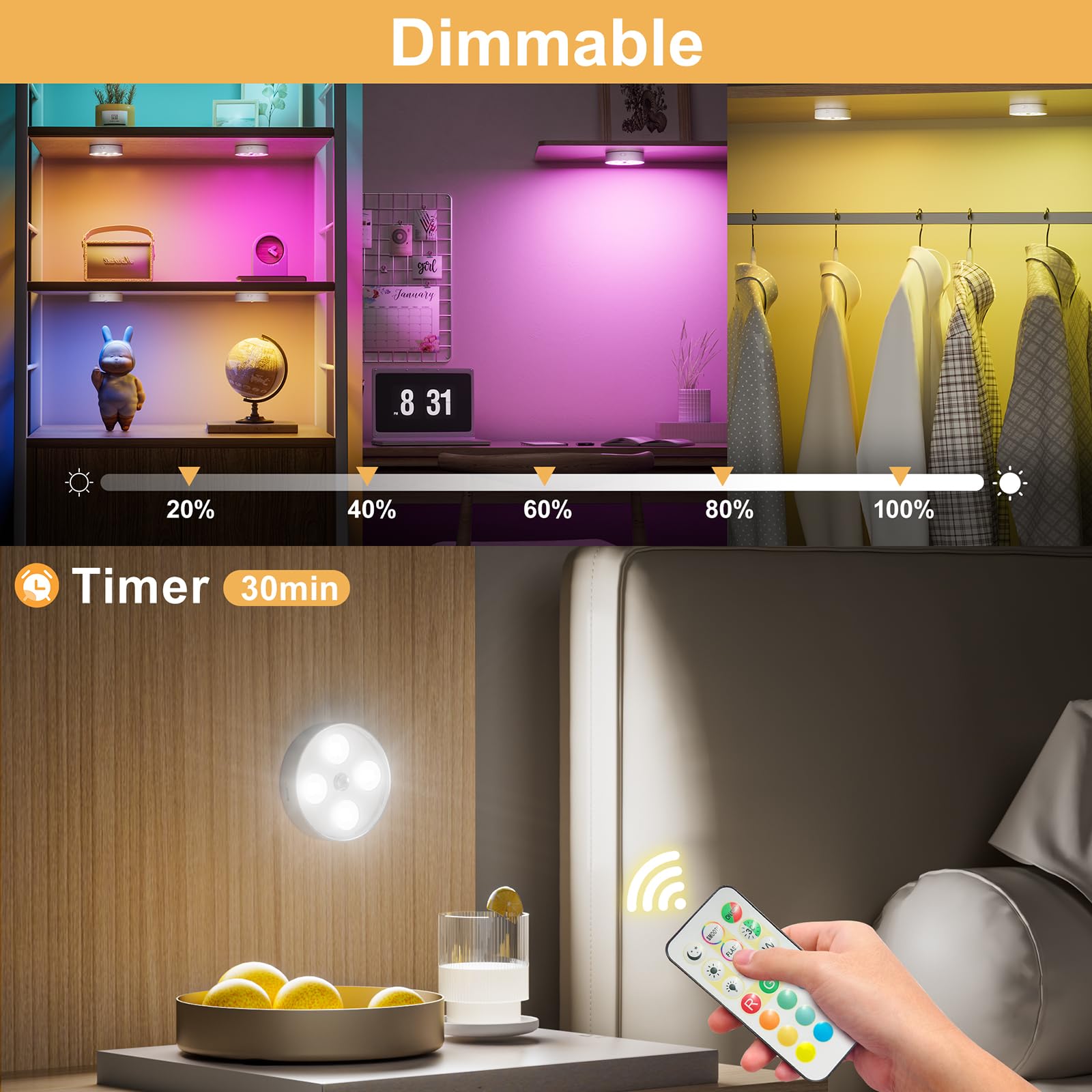 HOMEBEST Puck Lights with Remote, Rechargeable, 1500mAh, 13 RGB Colors, Dimmable, Magnetic, 4 Pack, Plastic