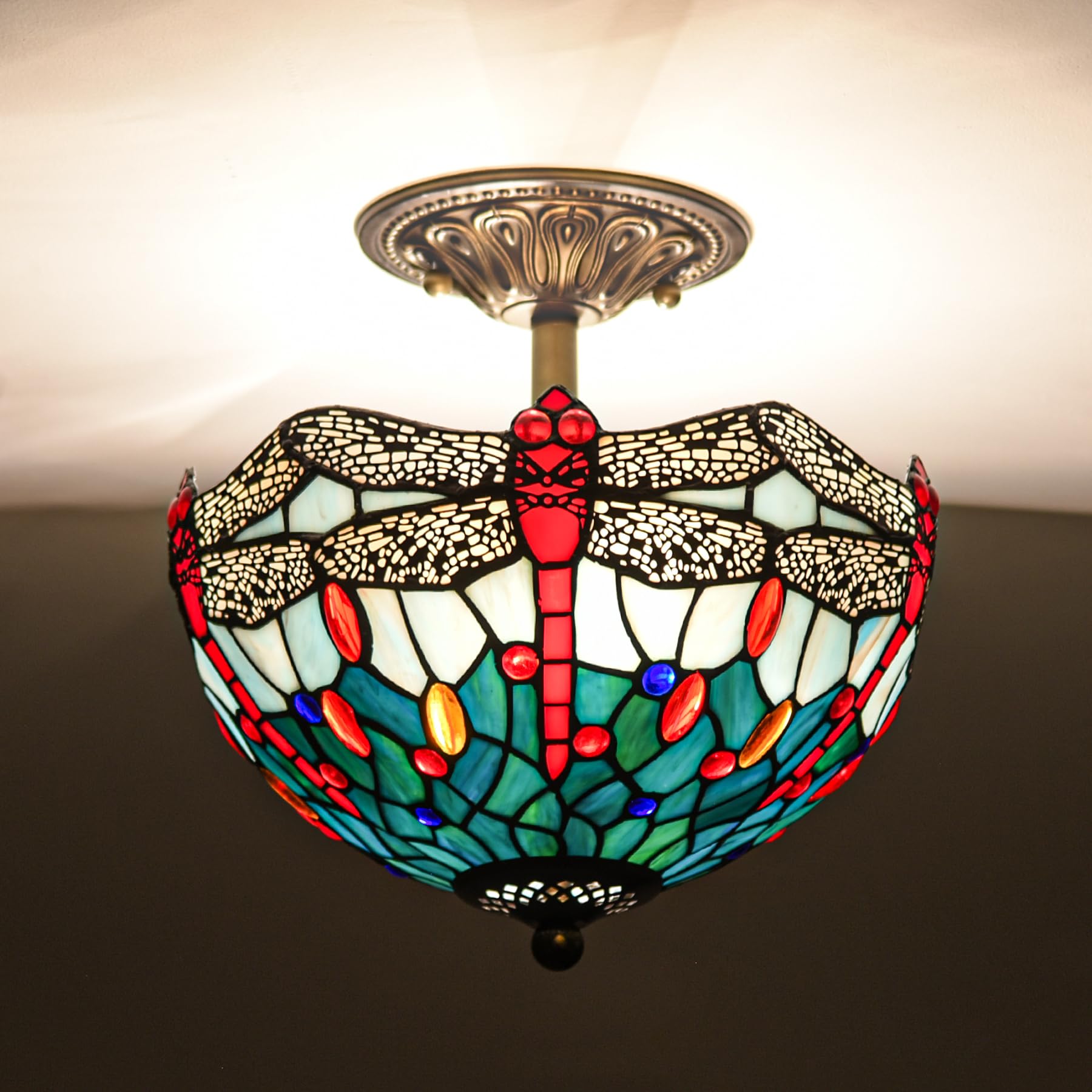 GILGGAK Dragonfly Style Tiffany Ceiling Light Fixture Stained Glass Semi Flush Mount Lamp Wide 12 Inch Height 11 Inch Vintage In