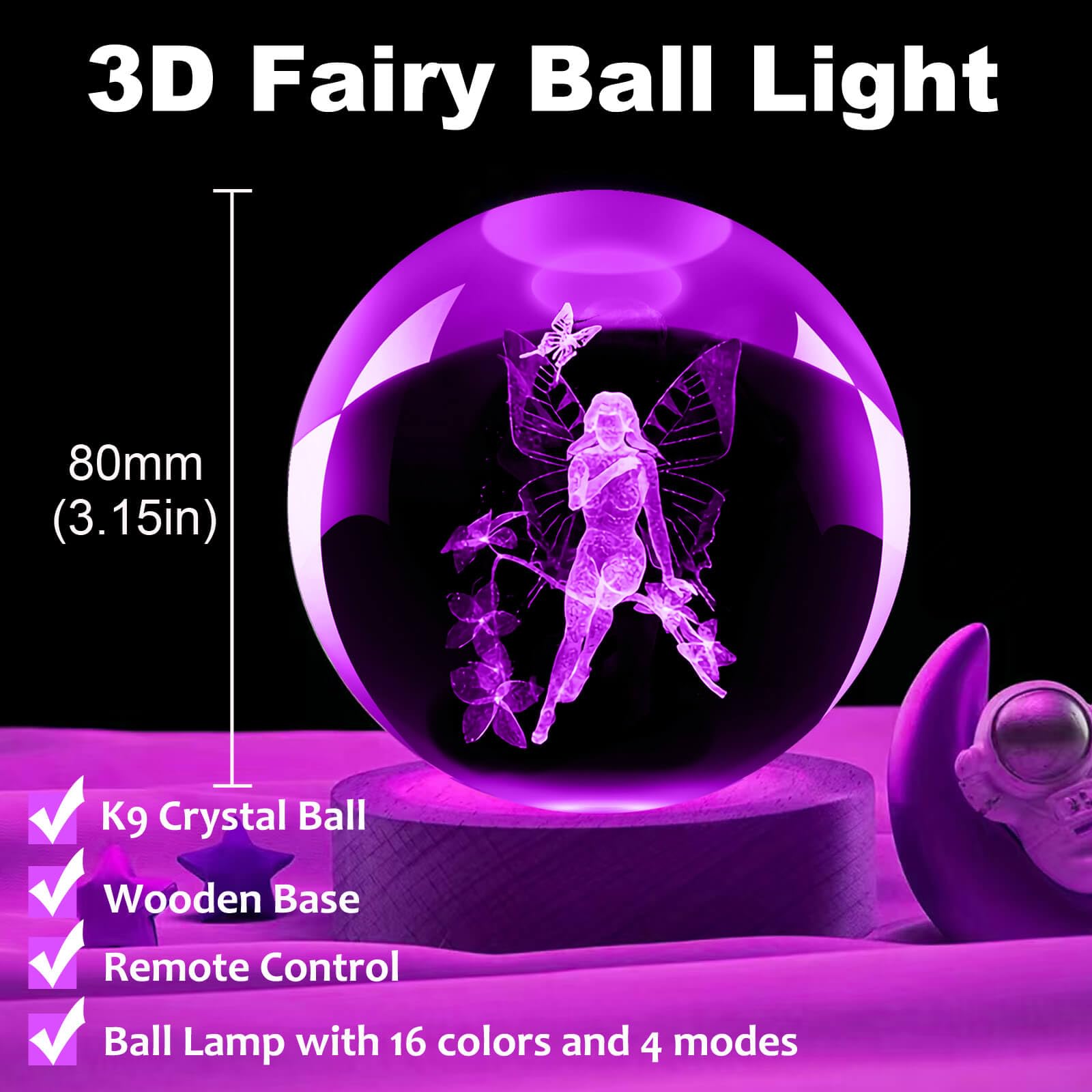 Linsina 3D Butterfly Fairy Lamp, 3.15In 16 Colors Crystal Ball Night Light With Wooden Base And Remote Control, Birthday Gift An