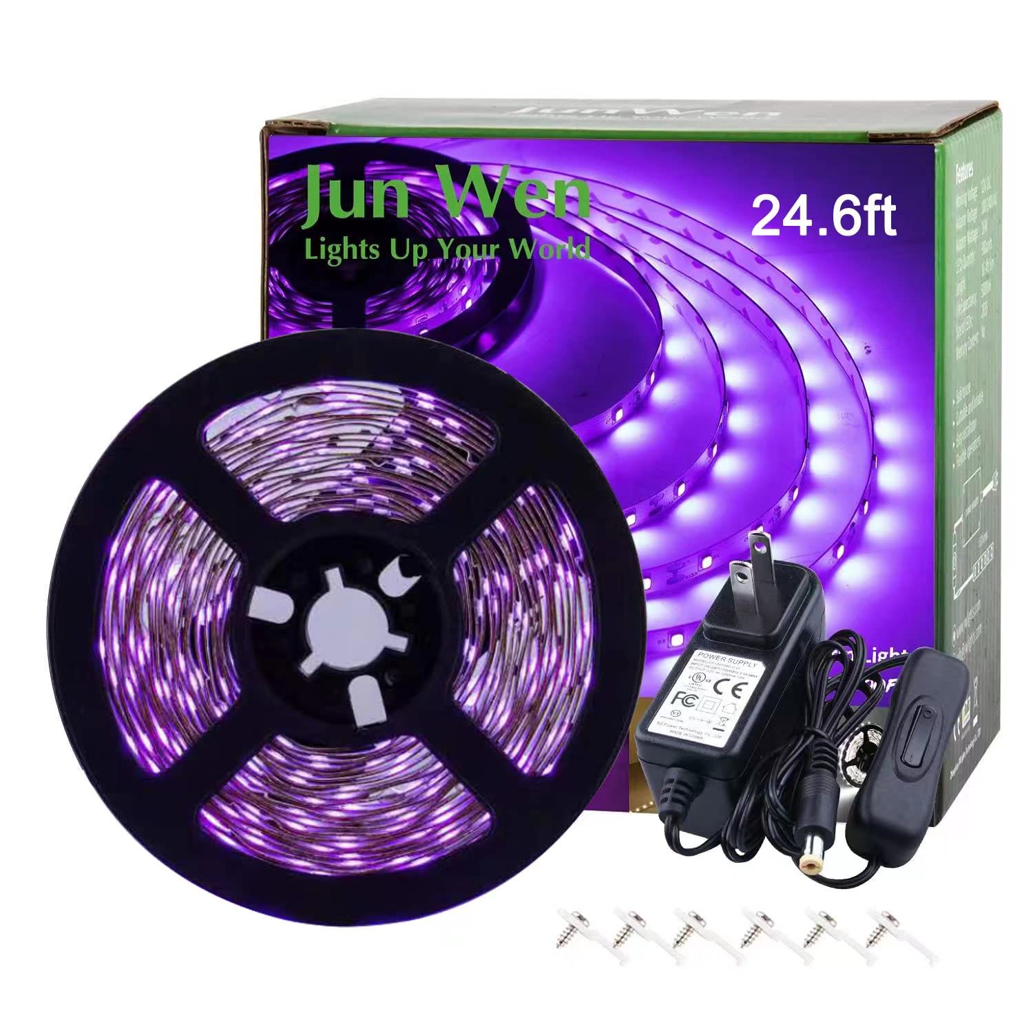 Junwen 24.6Ft Black Led Strip Lights Kit, 450 Units, 12V Flexible Blacklight For Parties & Events, Model Jw99907-Uv-Us