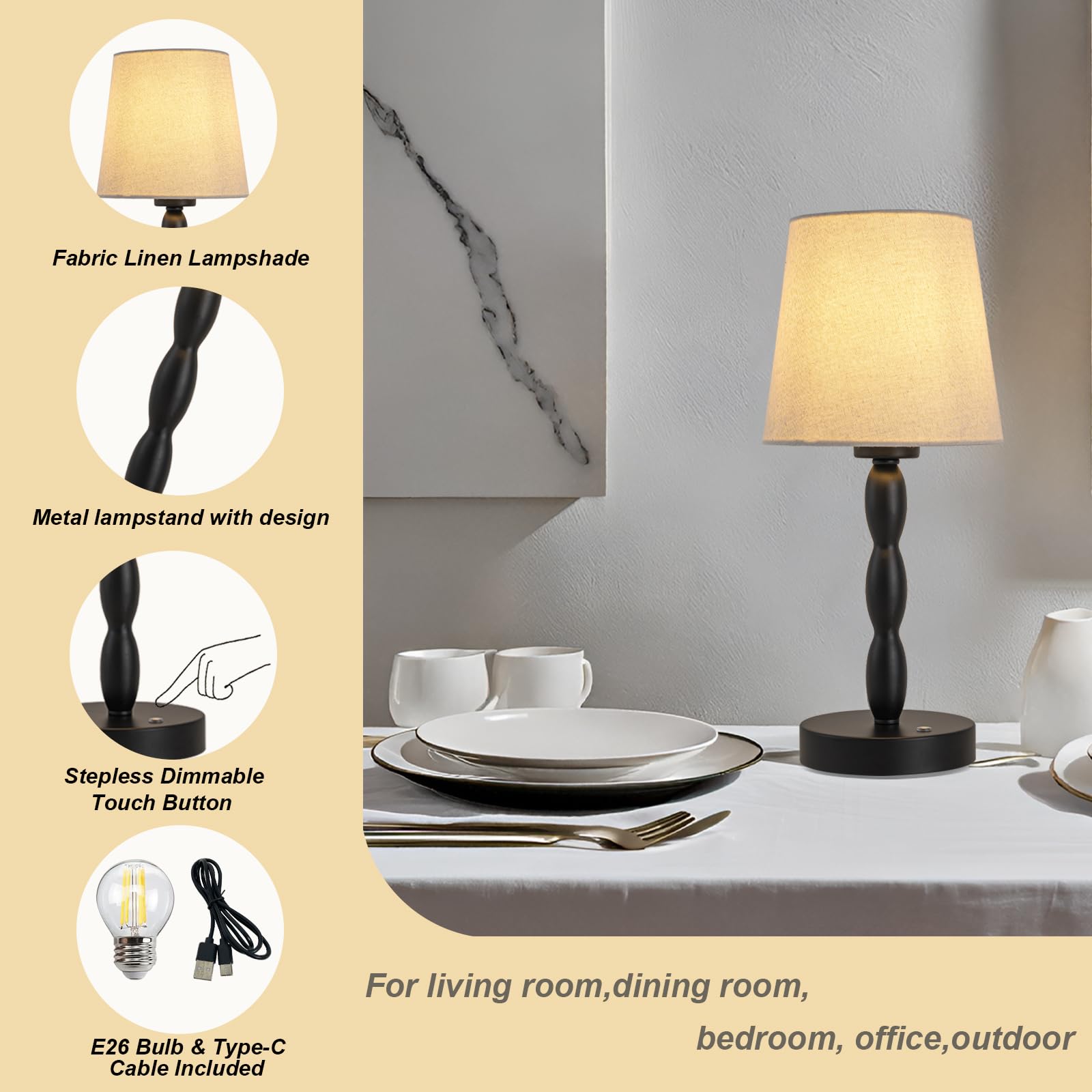 CASTLELIFE Portable Cordless Table Lamp - Touch Control, Rechargeable, 3-Level Brightness, Dimmable, Black - Ideal for Bedroom, Restaurant, Outdoor