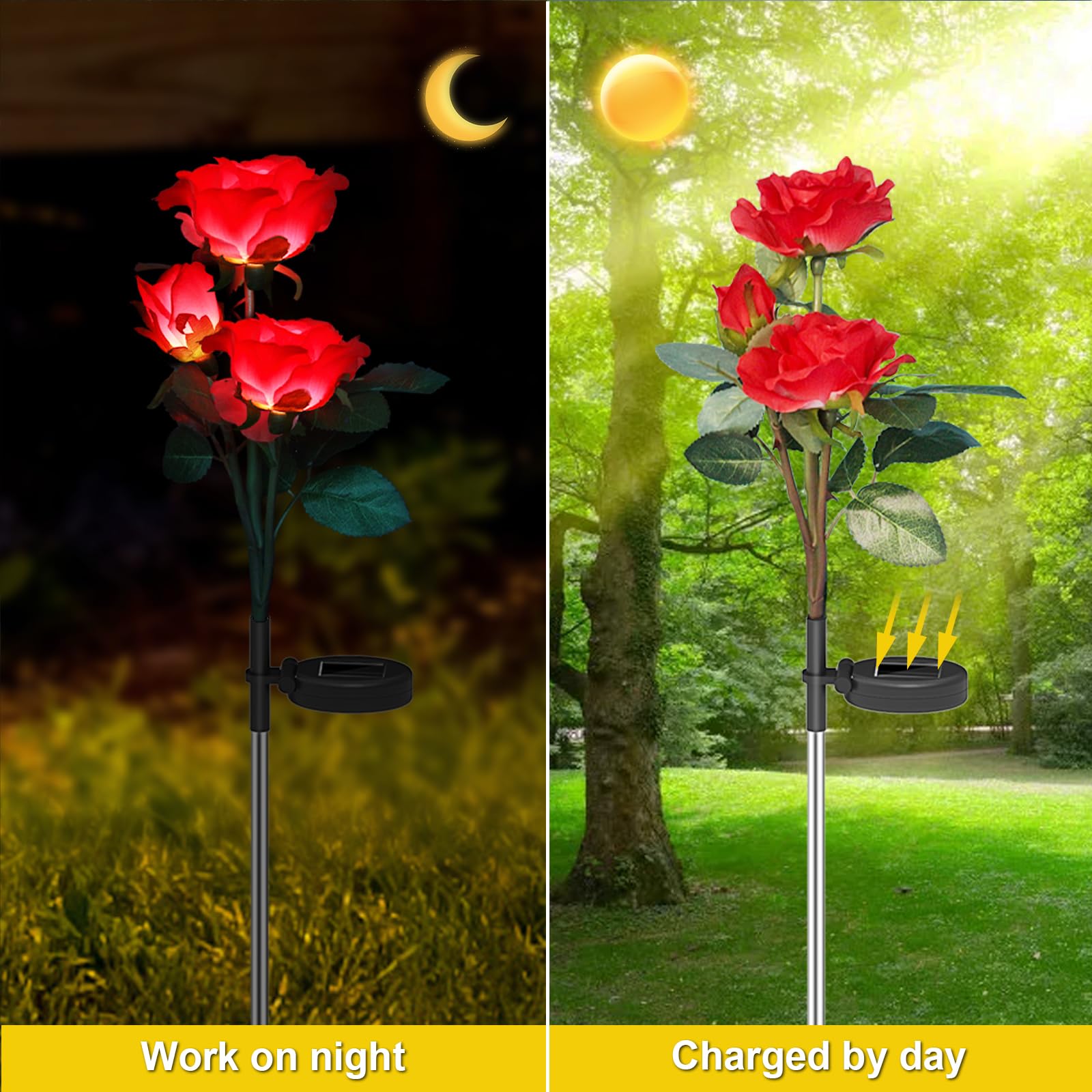 Anordsem Rose Lights Solar Powered Garden Light, Waterproof, Colorful, 2 Pack, Red, Silk