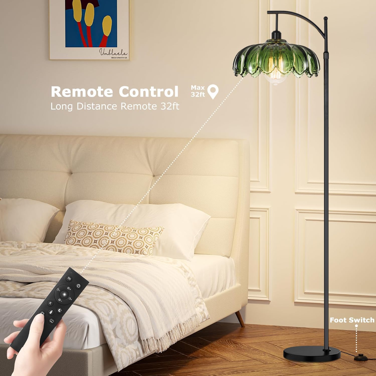 Qiyizm Glass Floor Lamp For Living Room,Bedroom,Gold Dimmable Standing Lamp With Remote,Mid Century Modern Brass Tall Lamp Boho