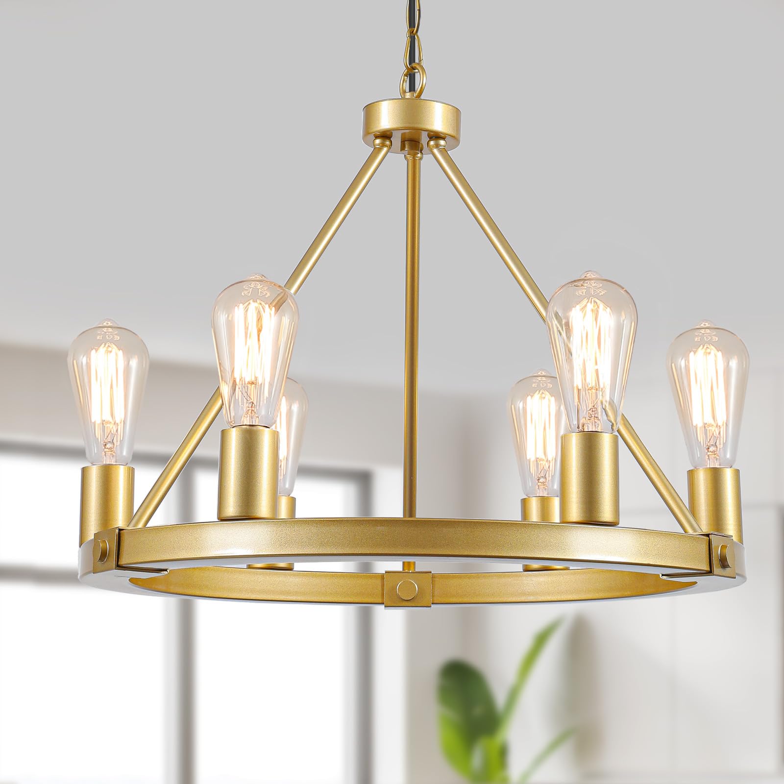 9Mmml Gold Wagon Wheel Chandelier, 6-Light Industrial Pendant Light, 20'' Farmhouse Ceiling Hanging Chandelier Light Fixture For