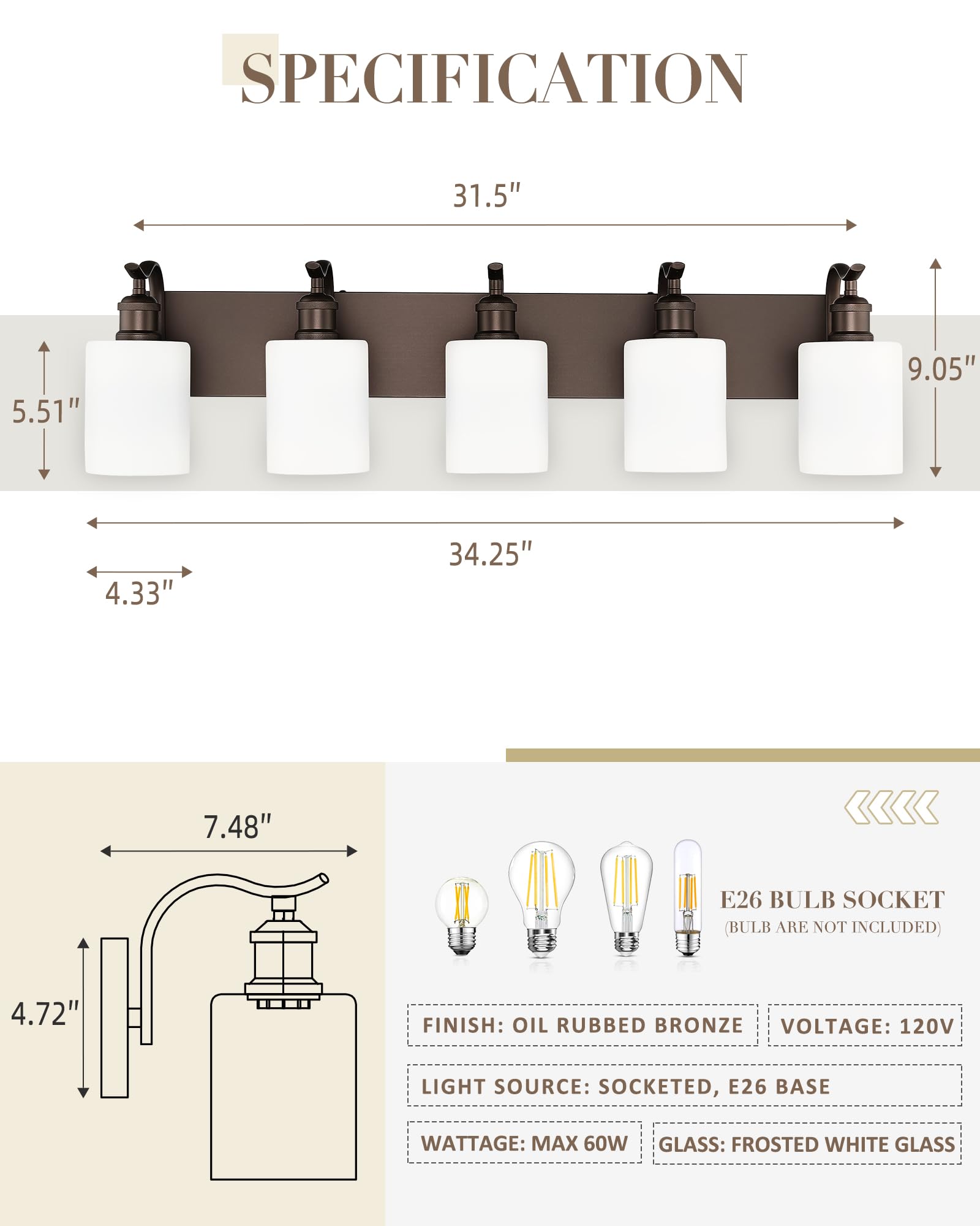 JAZAVA 5 Light Bathroom Vanity Light Oil Rubbed Bronze Metal Wall Sconce with Milky White Frosted Shade Model ZCVL01ORBW-5