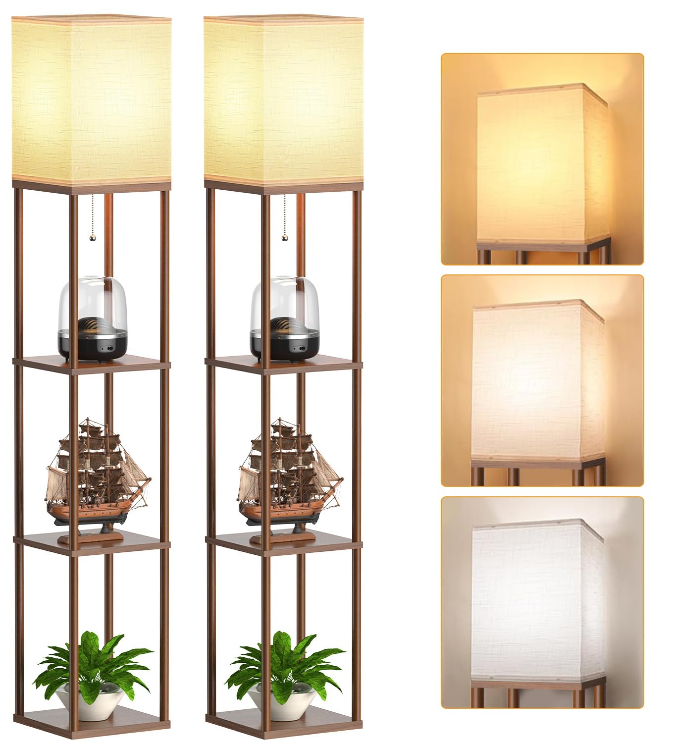 PARTPHONER Floor Lamp with Shelves for Living Room Walnut Brown 2 Pack, Shelf Floor Lamp with 3 CCT LED Bulb, Corner Display Sta