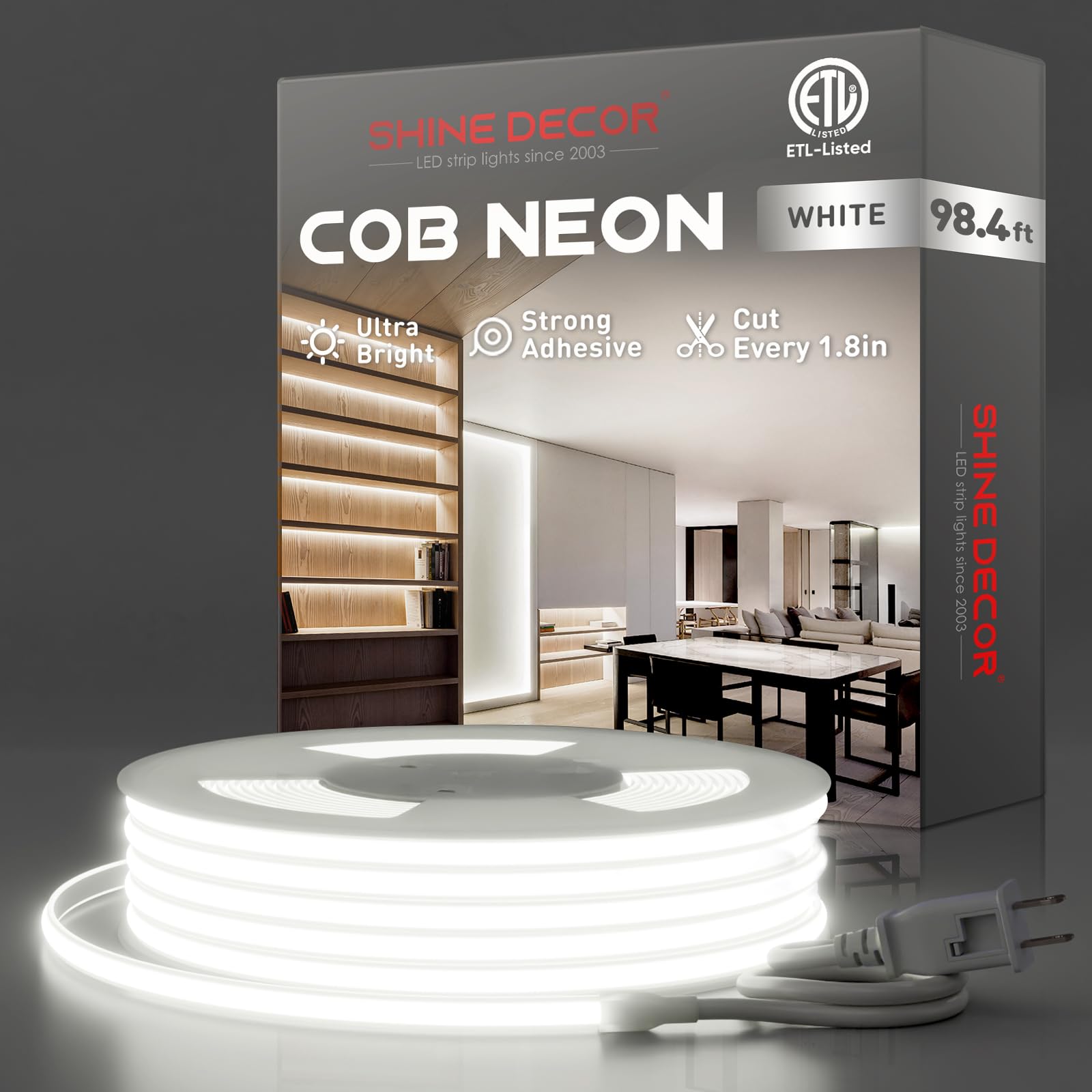 Shine Decor Cob Led Rope Light Ac 120V  800Lm Ultra Bright  Ip65 Waterproof Cold-Resistant Etl Neon Strip  No Driver Tape Lighting For Home Commercial 10X4.5Mm  6000K Cool White  98.4Ft