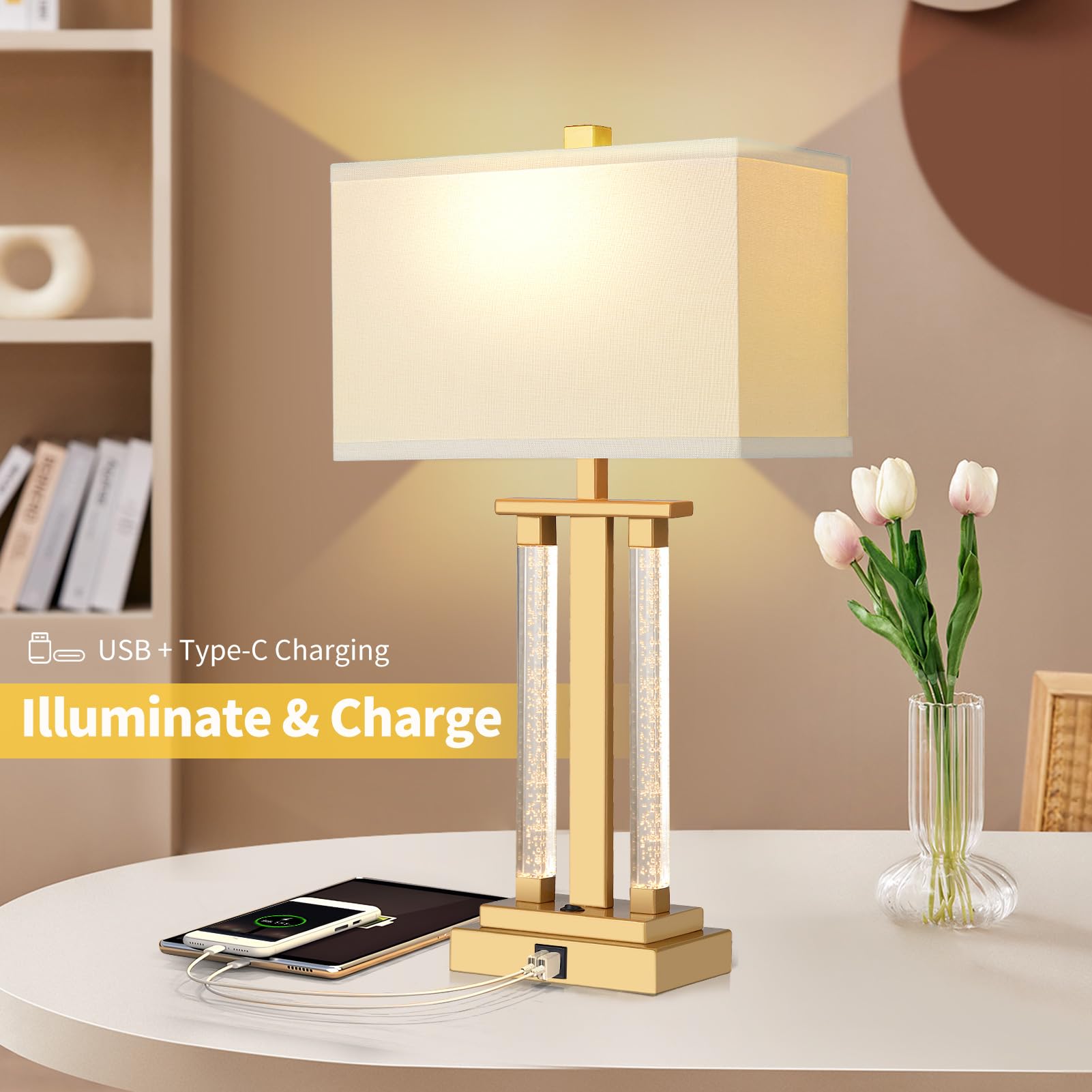 Lovlast Gold Lamps Set Of 2, 3-Way Lighting Modes Bedside Gold Lamps For Nightstand, Bedroom Table Lamps With Usb Charging Port