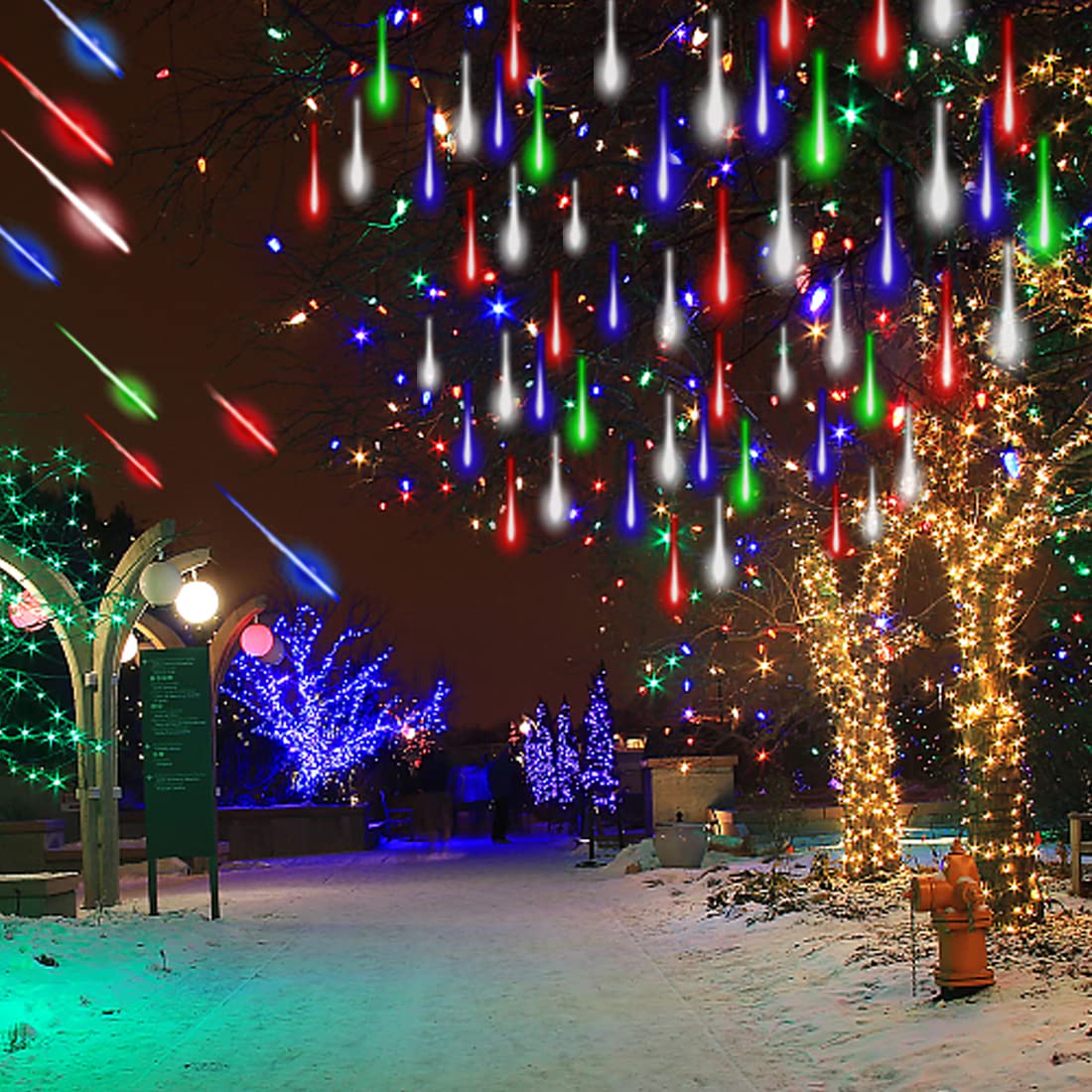 Adecorty Outdoor Christmas Icicle Lights, 12 Cascading Meteor Shower, 8 Tubes Multi-Color, Plastic, 26.9Ft For Holiday Decorations