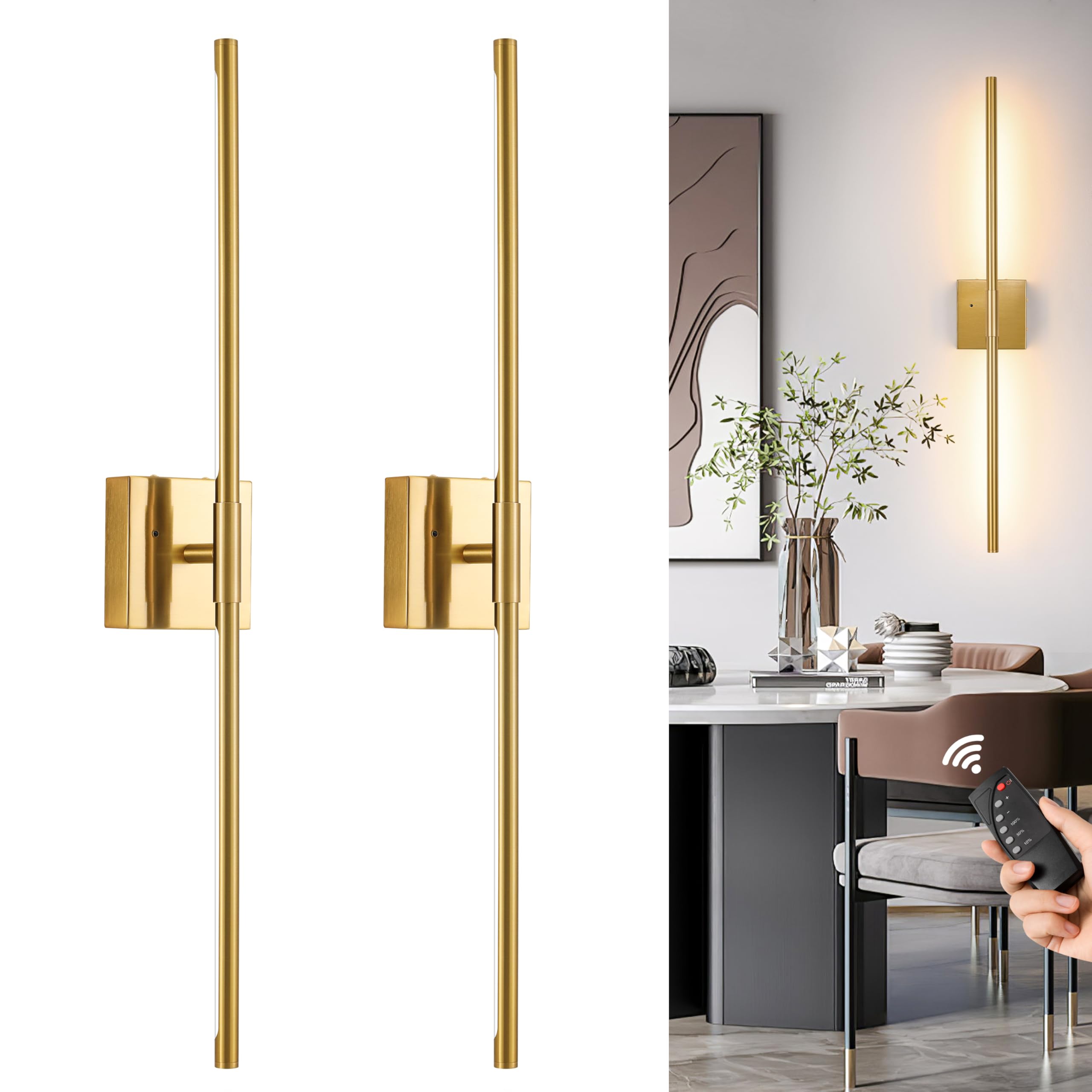 Morauroral Gold Battery Operated Wall Sconces Set Of 2, Dimmable Wall Sconces With Remote Control, Rechargeable Sconces Wall Lig