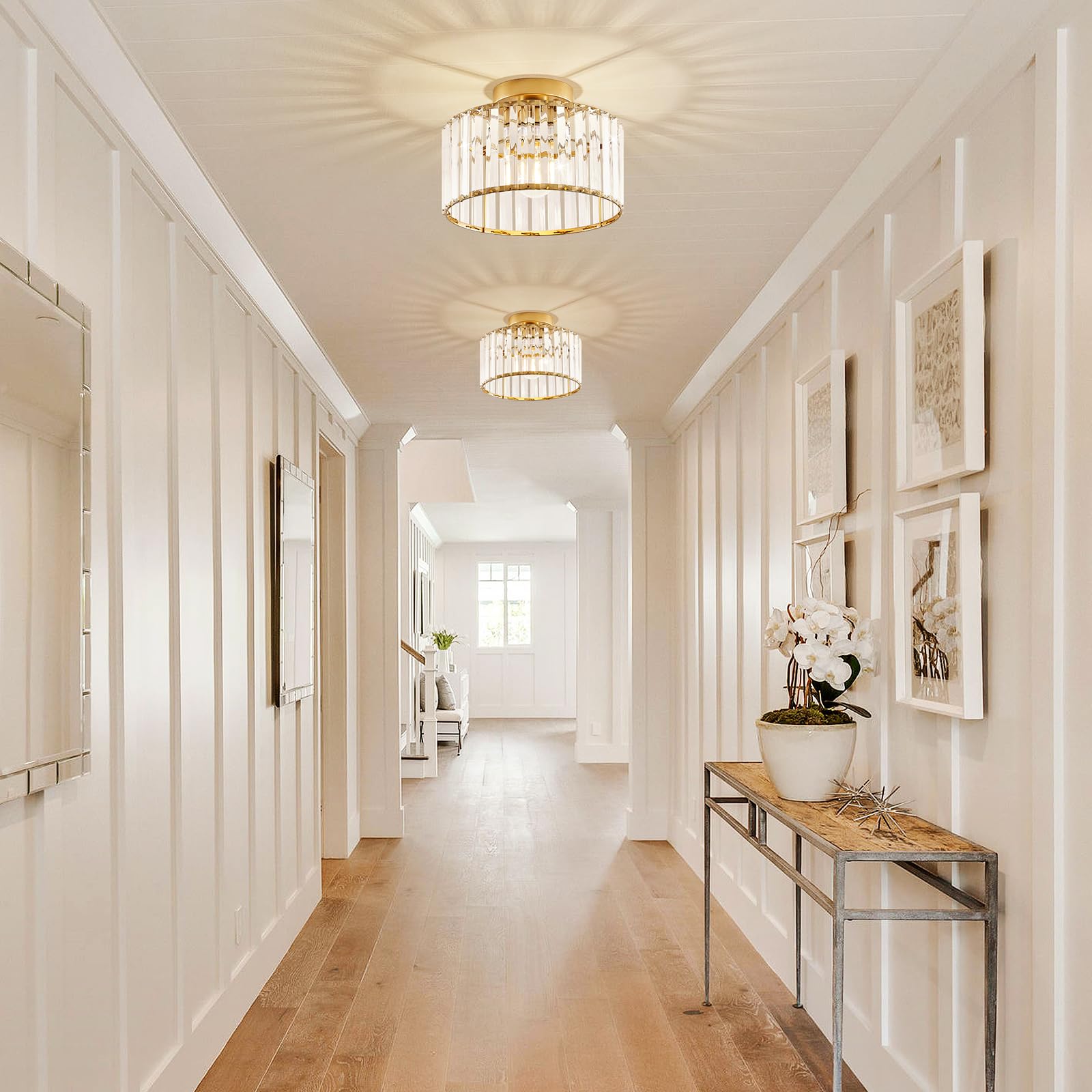 Violoemi Crystal Gold Semi Flush Mount Ceiling Light Modern Hallway Light Fixture Metal Close To Ceiling Lamp For Kitchen Living Room Bathroom Entryway Bedroom(10.63 Inch)