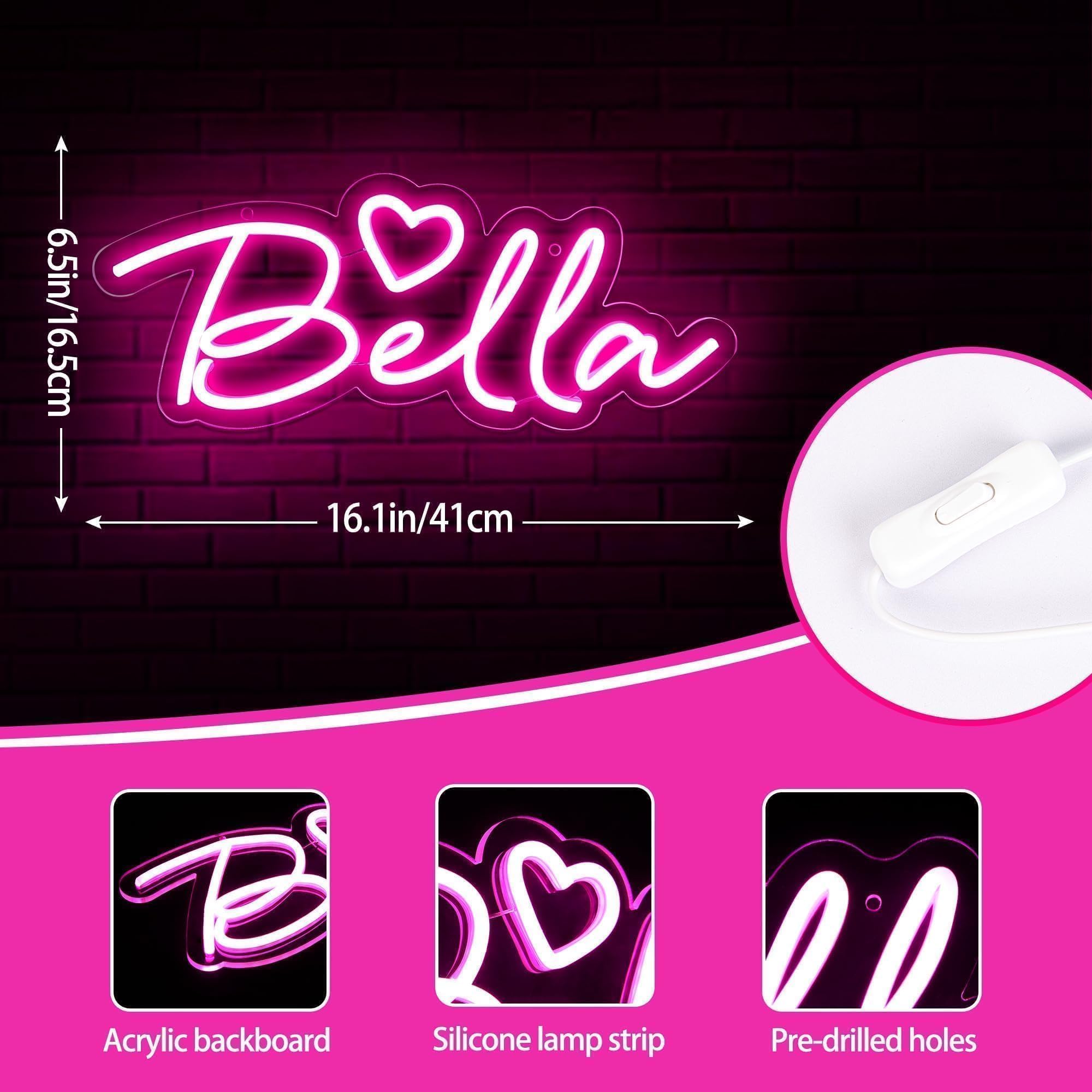 attneon Large Bella Neon Sign for Wall Decor, LED Customizable Light, 16.1x6.5 inches, Acrylic, Model JTLD500