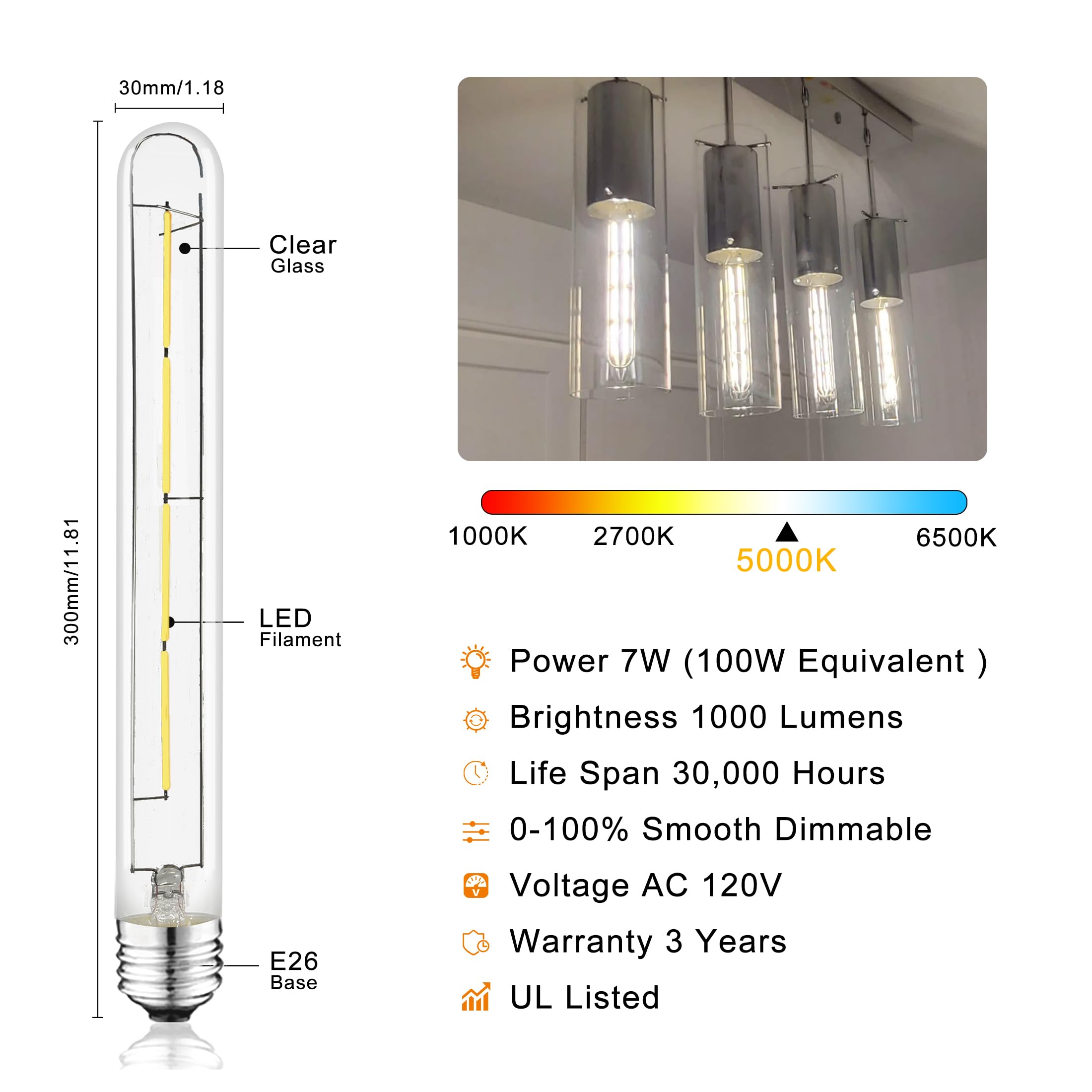NOVELUX T10 Light Bulbs, 1000LM, 5000K Daylight White, Dimmable, E26 Base, 11.8 In, Glass, 4 Pack