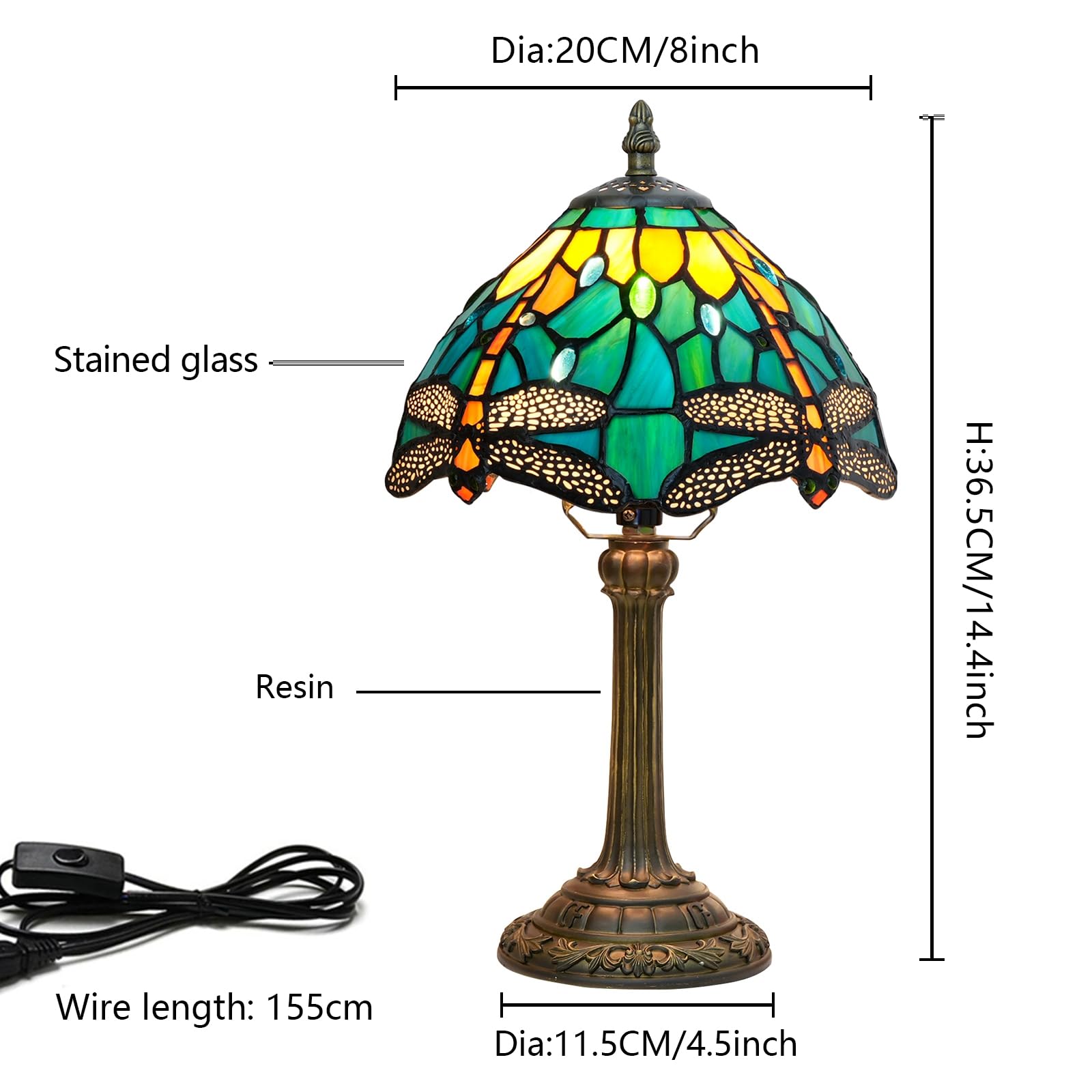 Tiffany Lamp Style Stained Glass Table Lamp Teal Dragonfly Green Bedroom Bedside Light For Office Dorm Bar Decor Retro Unique Cu