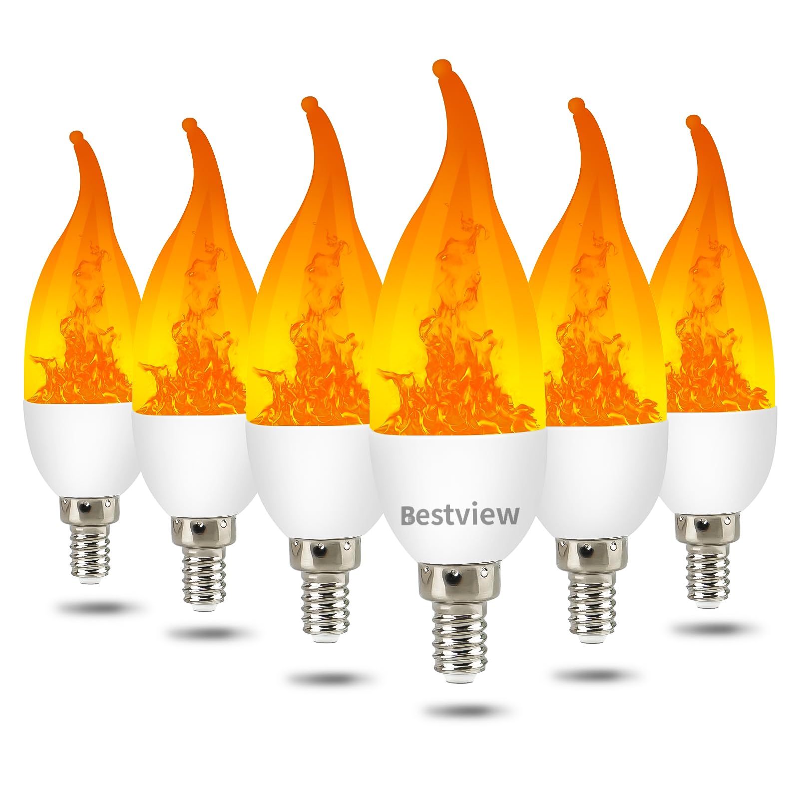 Bestview LED Flame Effect Light Bulbs, E12 Chandelier Base, Warm Yellow, 3 Modes, 6 Pack for Indoor & Outdoor Decoration