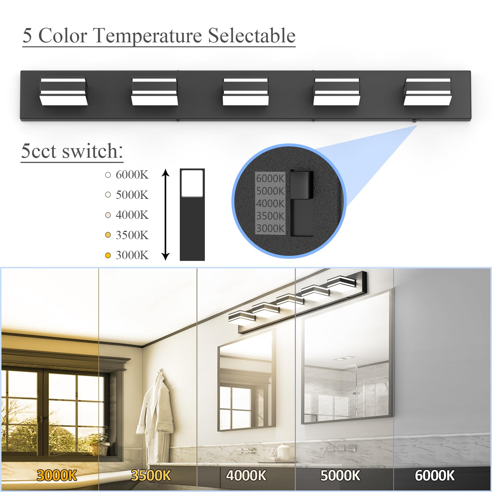 Ralbay 5-Light Dimmable LED Vanity Light - 40.5" Matte Black, 5 Color Temperatures (3000K-6000K) - Modern Bathroom Lighting, Model