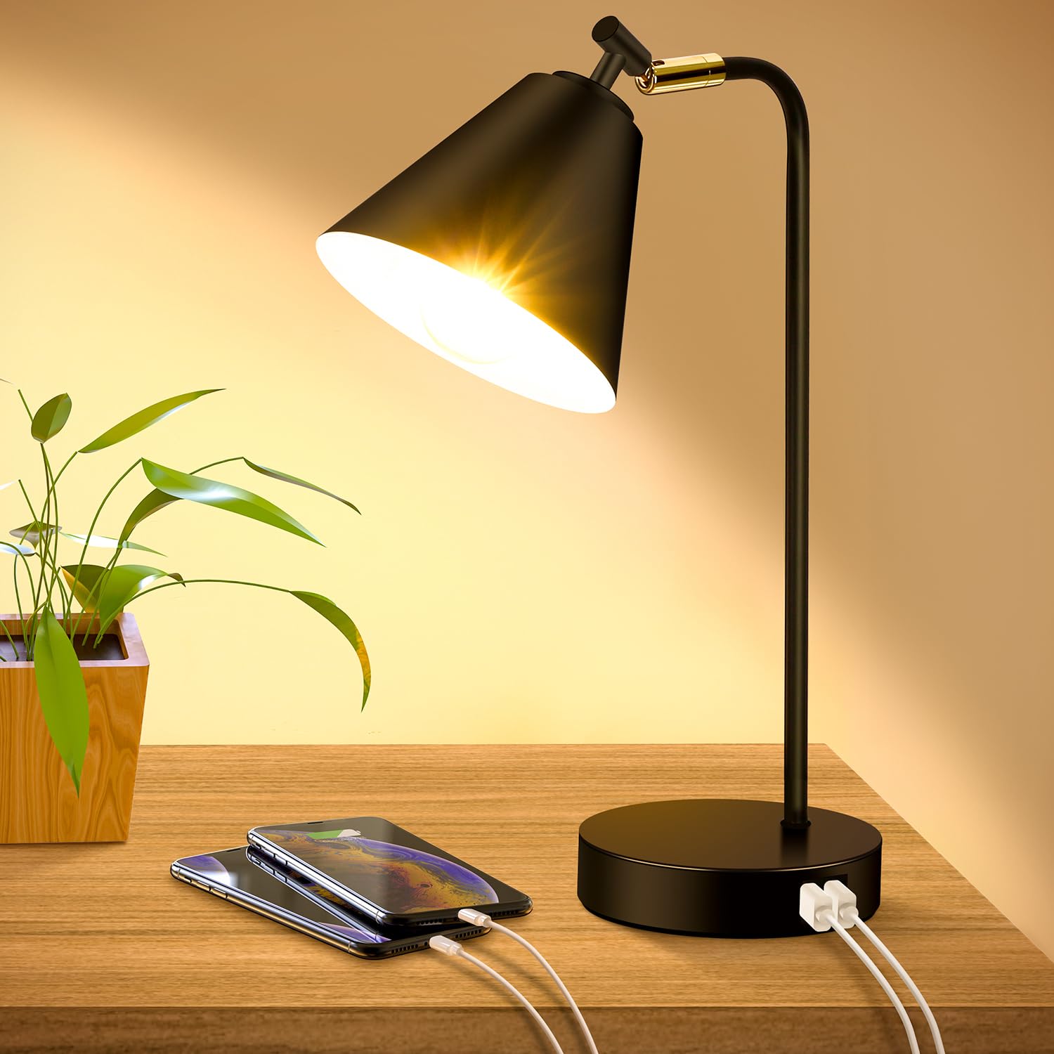 Brightever Industrial Desk Lamp, Dimmable, 2 USB Ports, Touch Control, Black Metal, Model T0324-BK-27, Flexible Head, Bulb Included