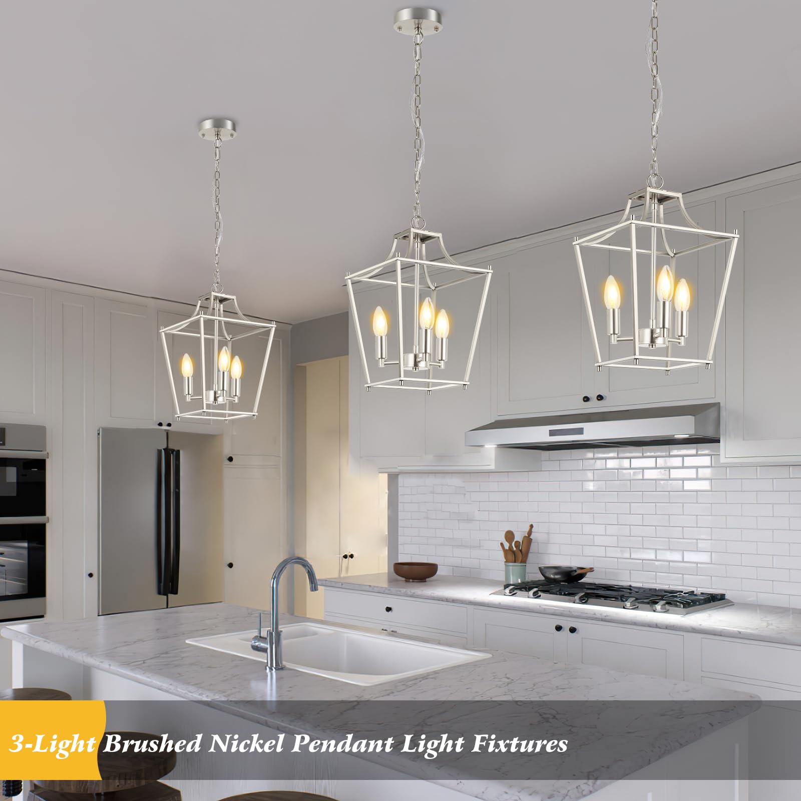 Foucasal Lantern Pendant Light Brushed Nickel Pendant Light Fixtures 3-Light Lantern Light Fixture, 9.4'' Adjustable Hanging Pen