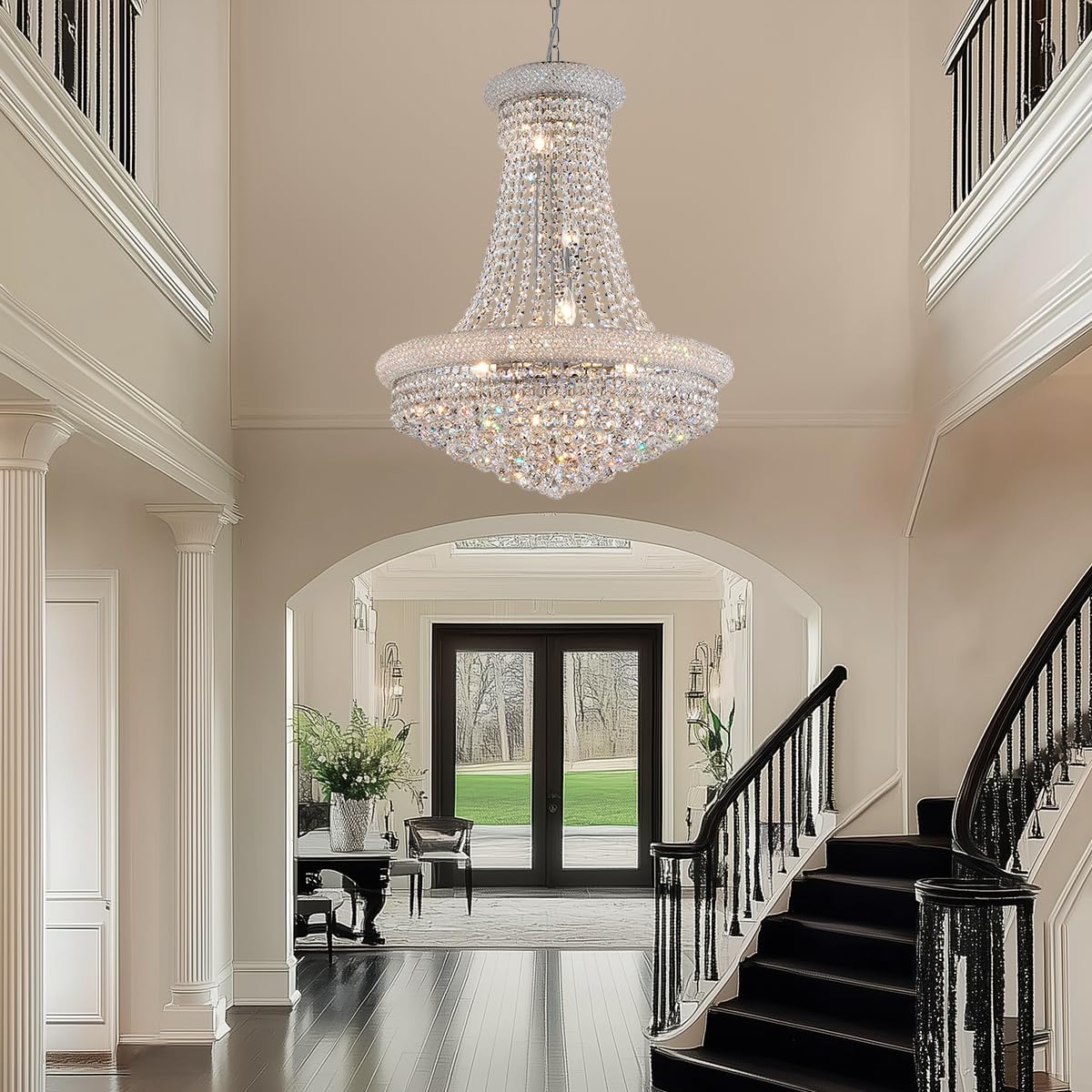 Dunfizz Modern Crystal Chandeliers Foryer Chandelier For High Ceilings, 11-Lights Silver Empire Crystal Chandeliers For Living D