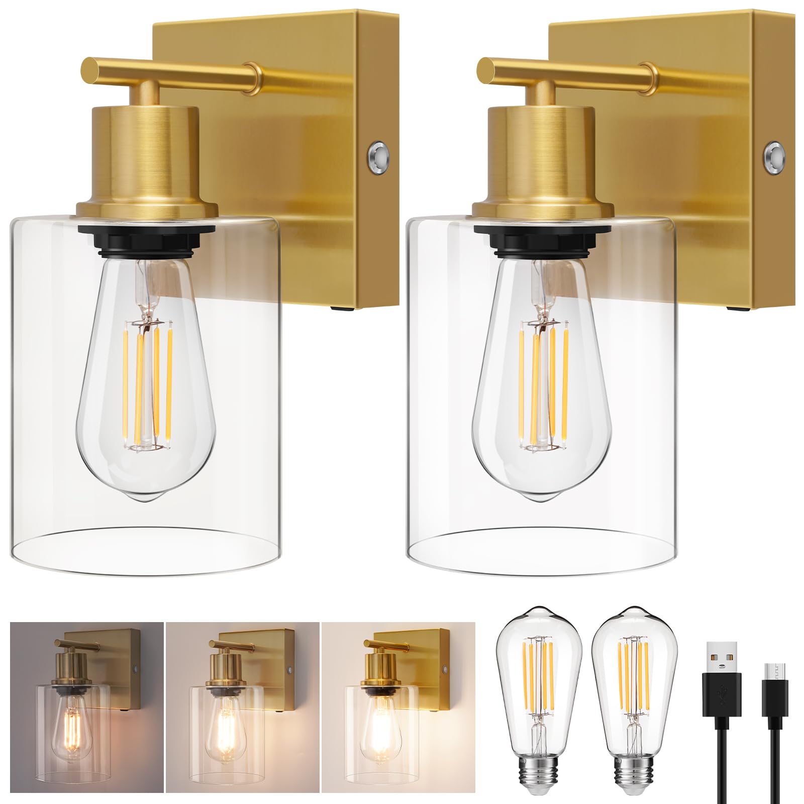 Wall Lights Set Of 2, Battery Operated Wall Sconces, Modern Brushed Brass Dimmable Wireless Rechargeable Wall Mounted Lamp For B