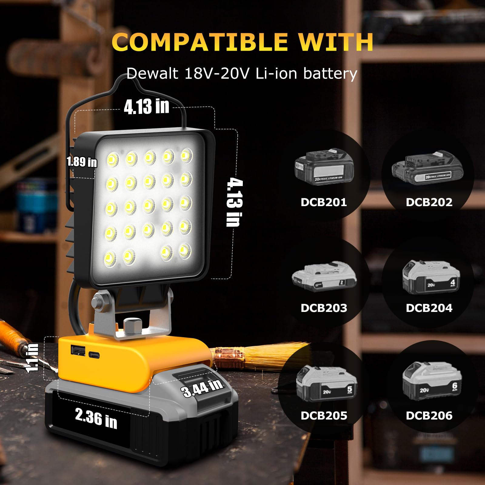 LANKA LED Work Light - 48W 7200LM, Cordless, USB & Type C, 180° Adjustable, Black and Yellow, Model LK-DBL-01 (Battery