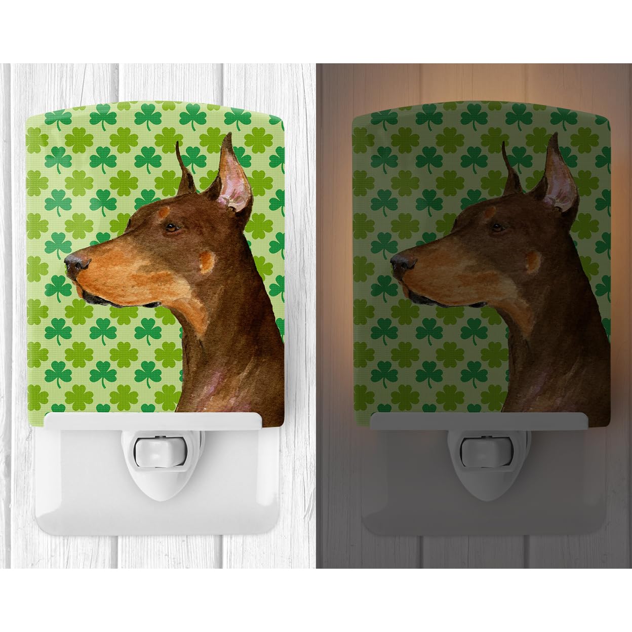 Carolines Treasures Night Light, Doberman St. Patricks Day Shamrock, Ceramic, 6x4x3in, Multicolor, Model SS4399CNL