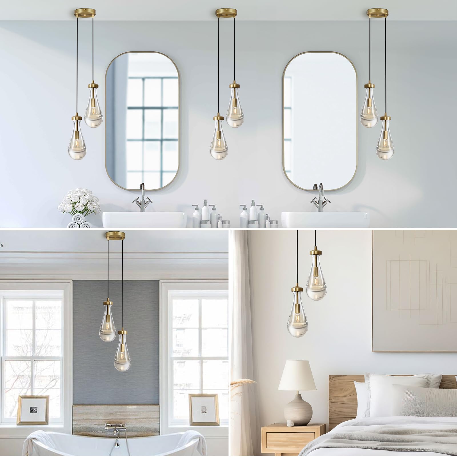 Joyunleo Brass Raindrop Pendant Lights Kitchen Island 2-Light  Cluster Gold Pendant Light Fixture For Bedroom  Dimmable Dining Room Light Fixture Hanging Pendant Lighting Ceiling Chandelier For Foyer