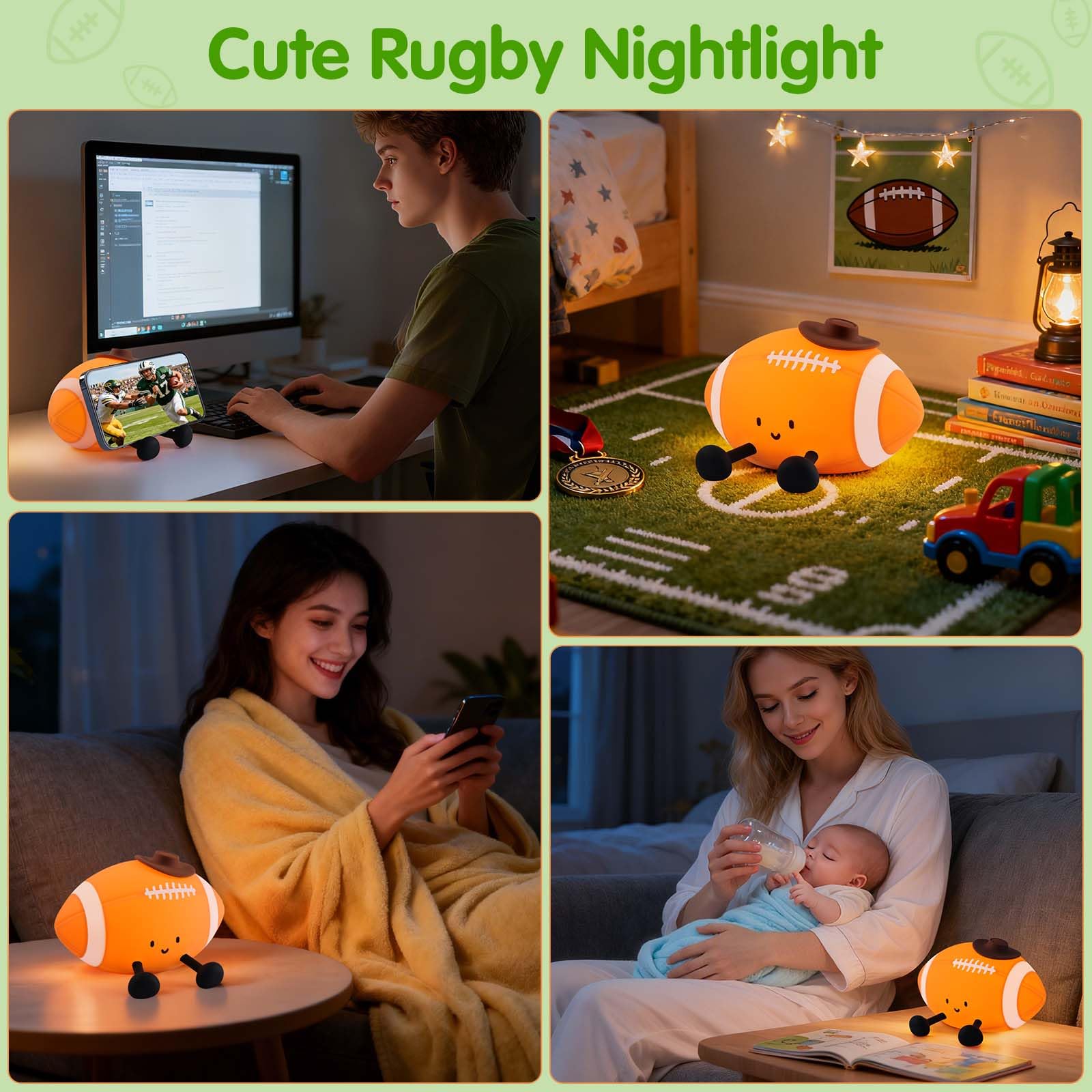 YISUN Football Night Light, Rechargeable Silicone Nursery Lamp, 5.1" Orange Rugby Decor for Kids Room, Model DH-BFLD27