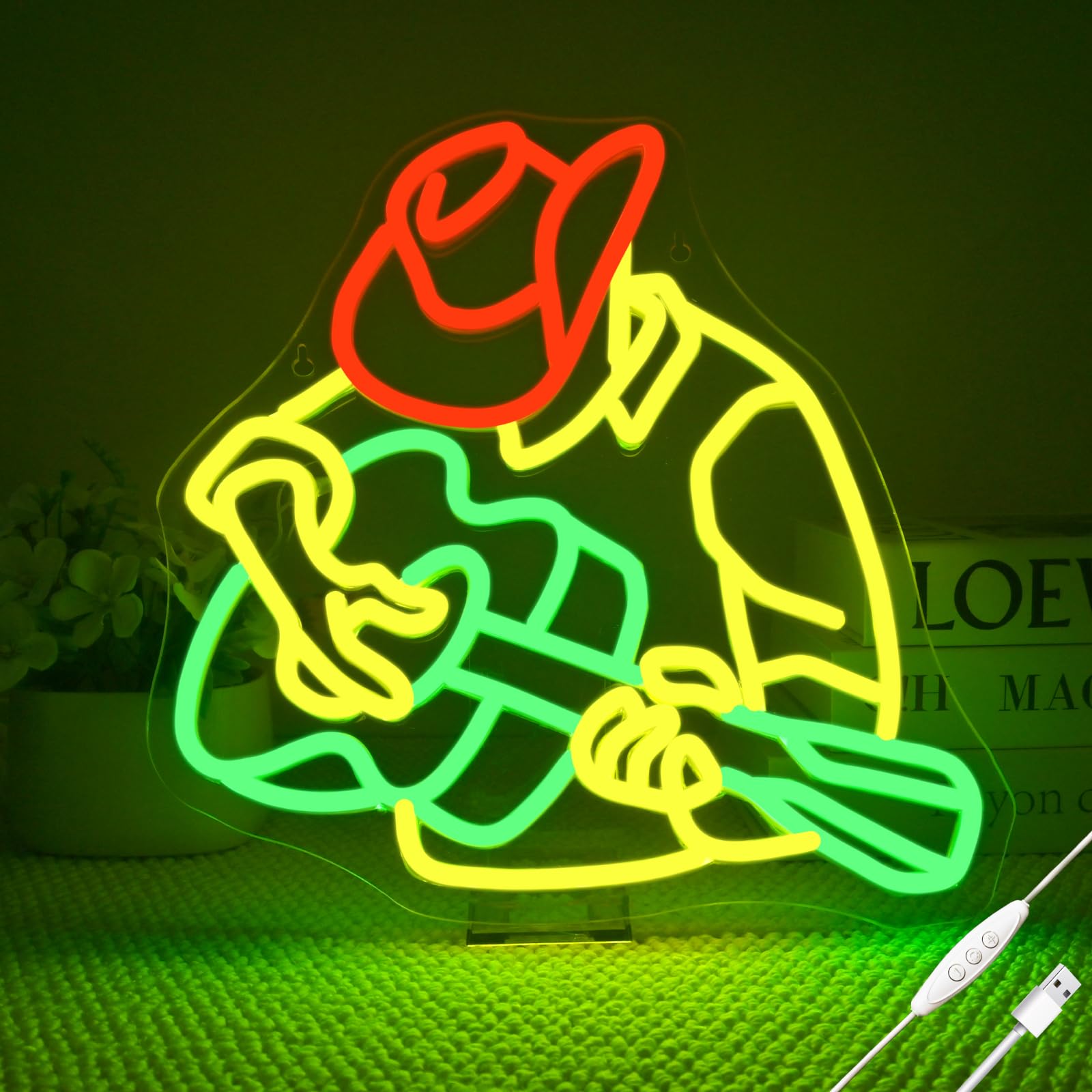 Wanxing Cowboy Neon Sign, Dimmable USB Powered, 14.9inx12.6in, Colorful Guitar Wall Decor for Western Bar, Cafe, Man Cave