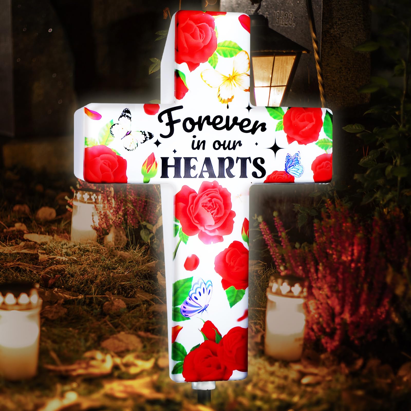 Qunclay Solar Cross Grave Lights Women Grave Decorations with Red Rose Flowers Waterproof Memorial Cross Stake Solar Powered Lig