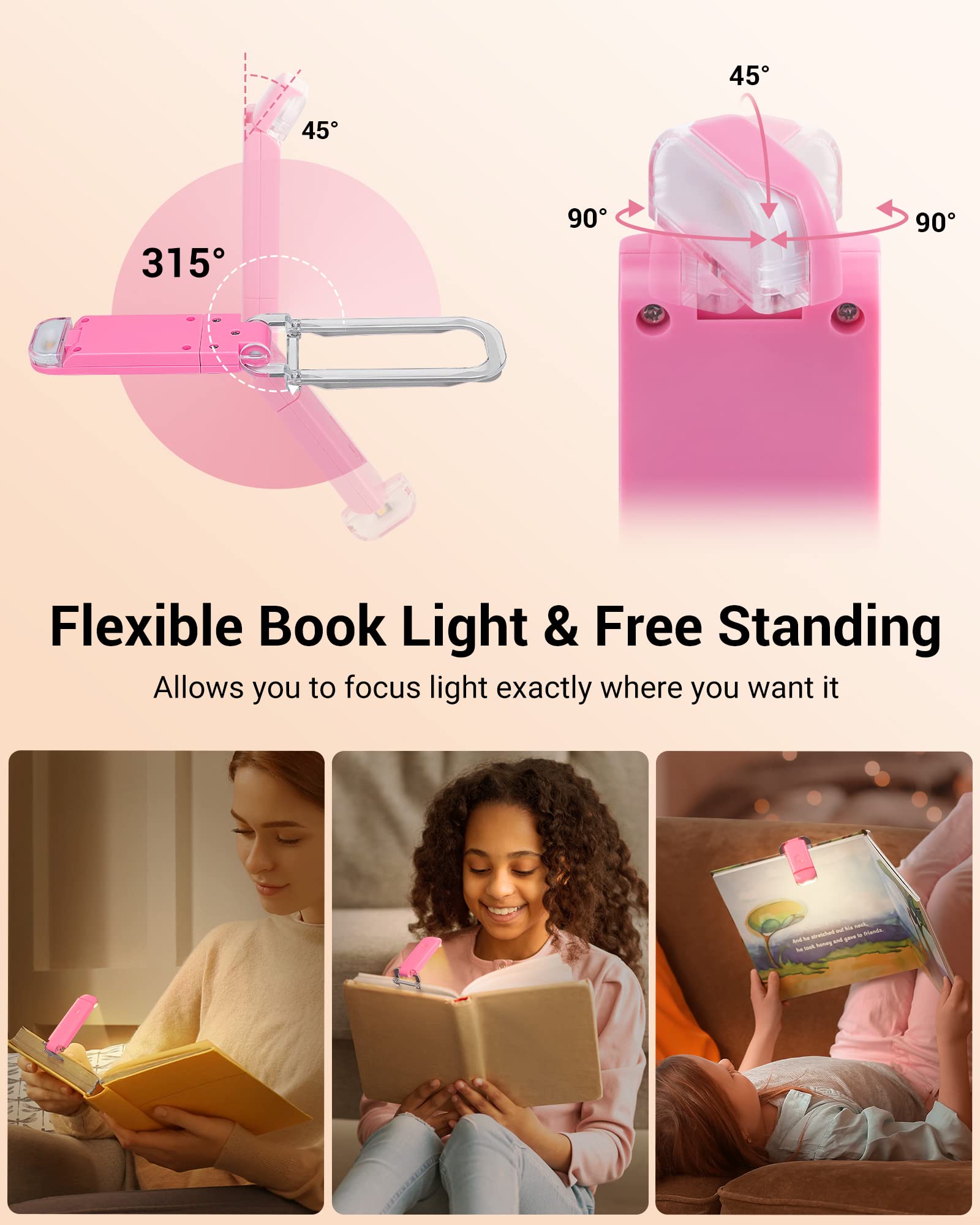 DEWENWILS LED Book Light - USB Rechargeable, Brightness Adjustable, Pink Clip-On Reading Light for Kids and Bookworms