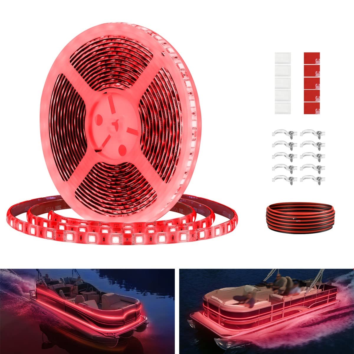 Vbakor LED Strip Lights for Boats, 12V 5M Waterproof, Red, Model VH284605, Ideal for Night Fishing and Pontoon Use