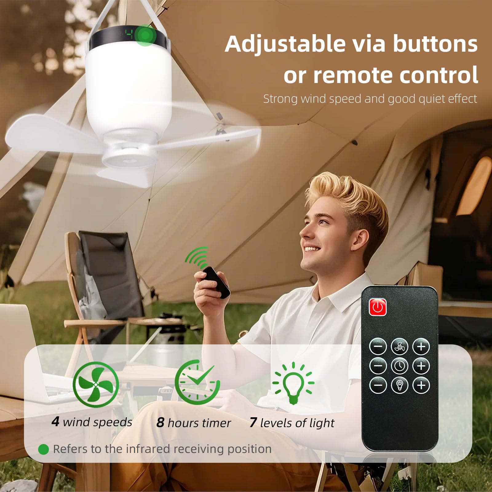 HOYECHI Portable Camping Fan with Light - 8000mAh Battery, Remote Control, White, Model HYC6008