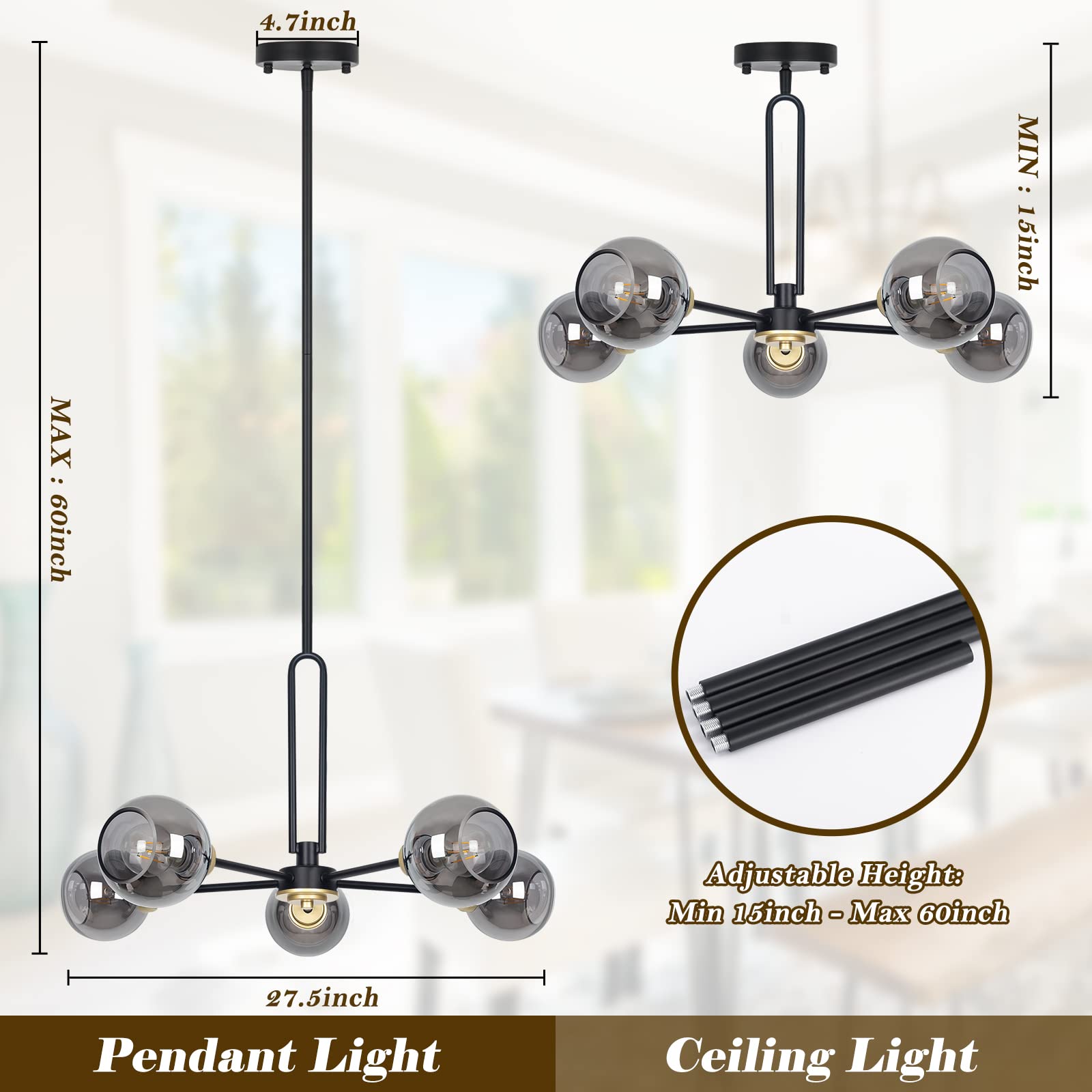 5-Light Globe Chandelier Pendant Lighting - Modern Large Semi-Flush Ceiling Light Fixture With Smoked Glass, Black Dining Room L