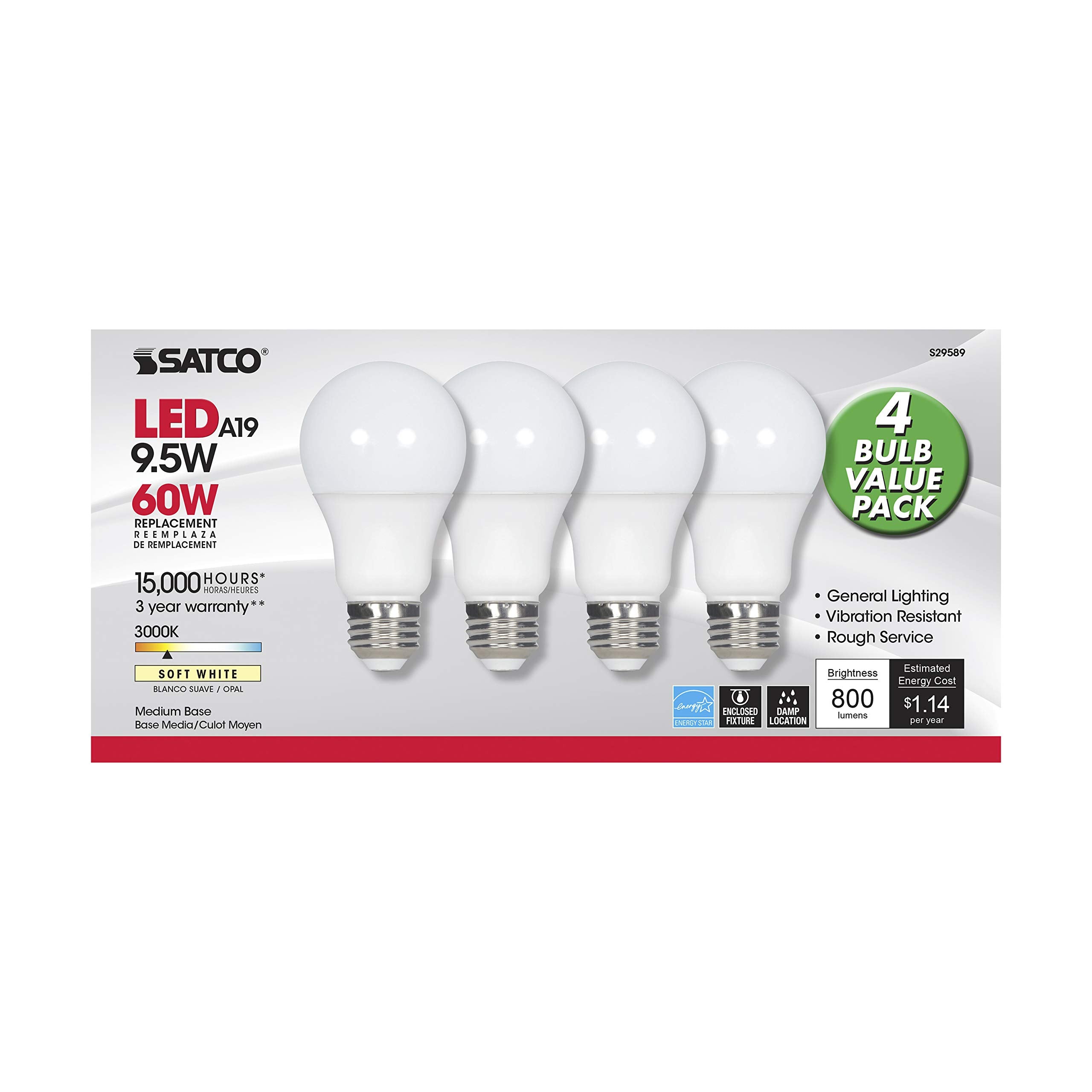 Satco S29589 Medium Light Bulb, Frosted White, 3000K, 4.38 inches, Medium Base, 220° Beam Angle, Pack of 1