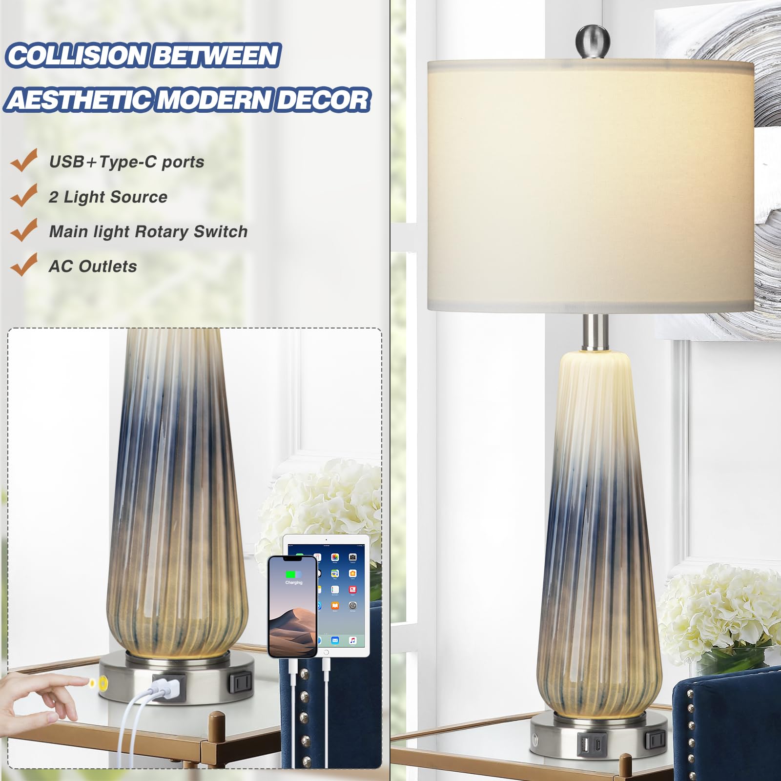28" Glass Table Lamp Set Of 2, Modern Table Lamps With Usb A+C Ports & Ac Outlet, Touch Control Bedside Nightstand Lamp With Led Night Light & White Fabric Shade For Living Room Blue(4 Bulbs Included)
