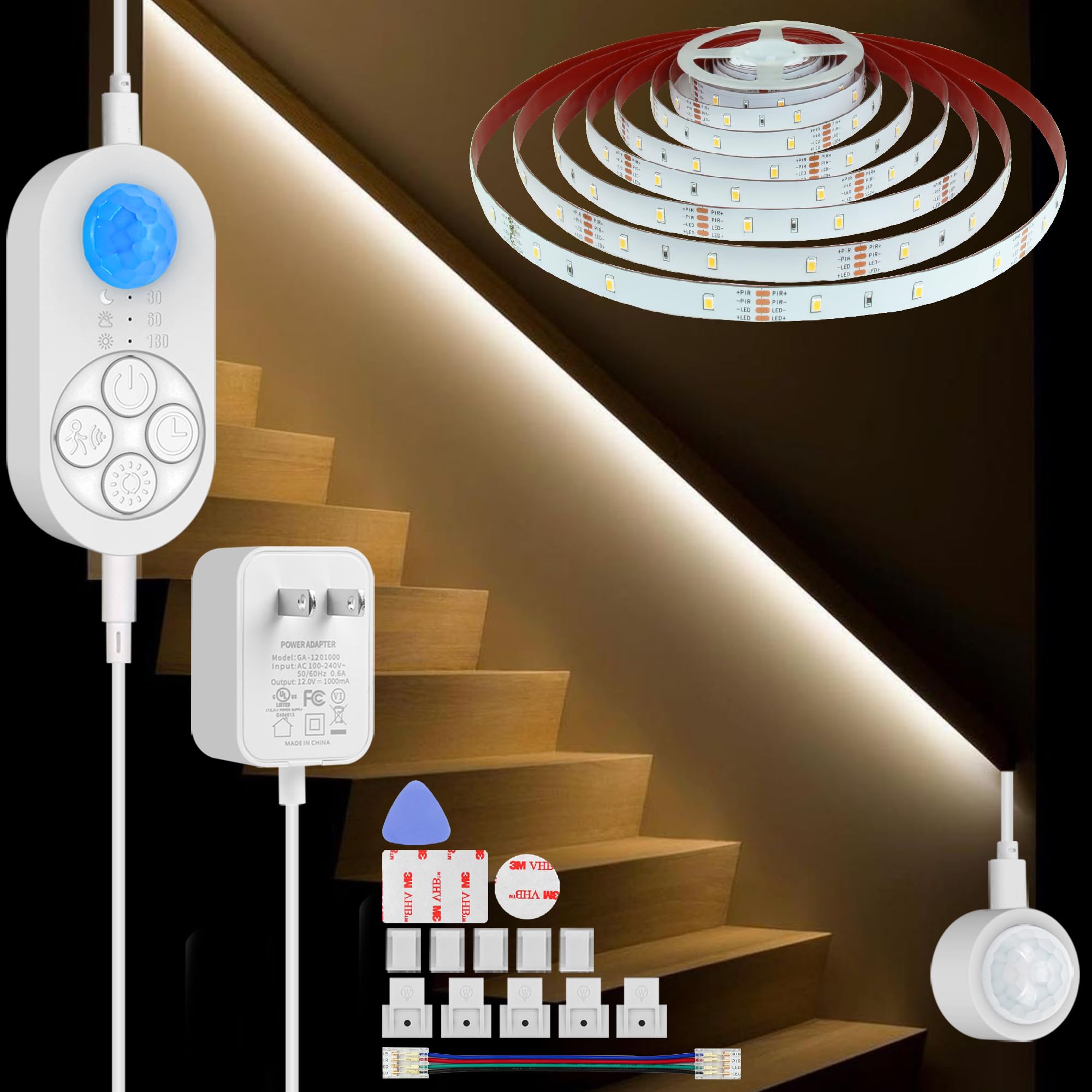 Dual Motion Sensor Light Indoor, Plug-In Motion Activated Stair Light Strip Indoor With Double Motion Sensor, Dimmer, Delay Timer For Stairway, Double Bed, Corridor, Warm White 3000K, 16.4Ft, 150 Leds