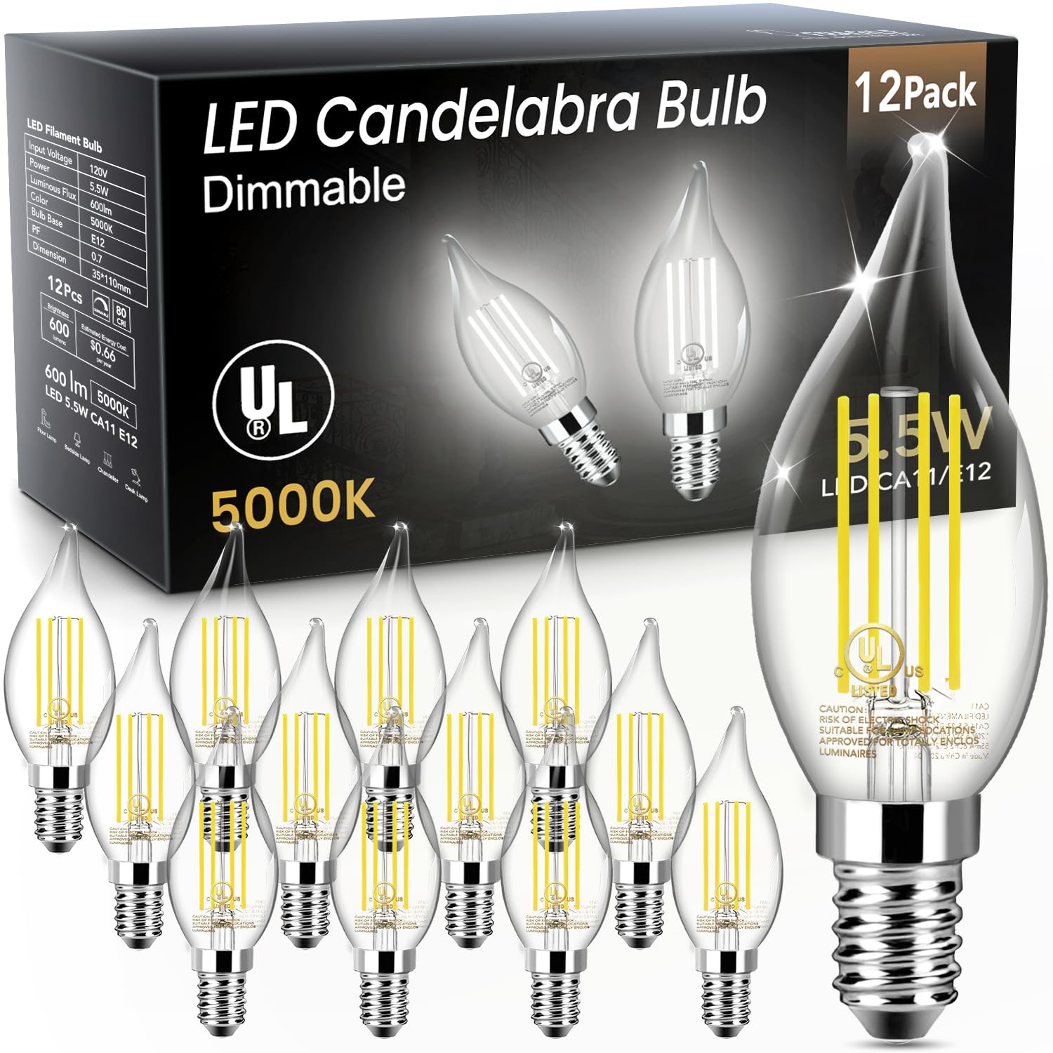 TJOY LED Candelabra Bulb Dimmable, 60W Equivalent LED Chandelier Light Bulbs, 5.5W 5000k Daylight 600LM CA11 Flame Tip Vintage Filament Candle Light with Decorative E12 Candelabra Base, 12 Pack