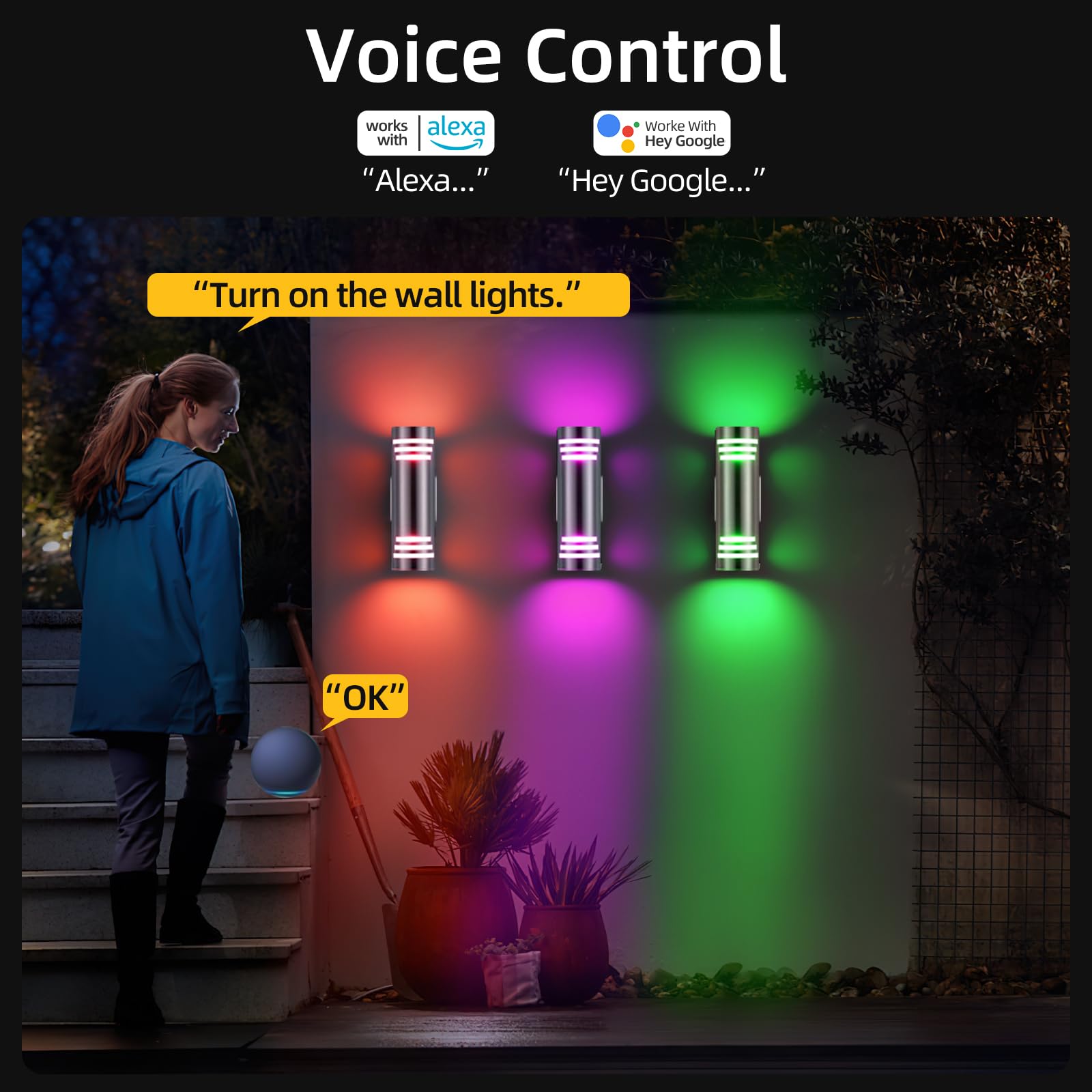 SHIMR Smart RGB Outdoor Wall Lights, 2 Pack WiFi Color Changing Sconce, Stainless Steel, APP Control, Compatible with Alexa