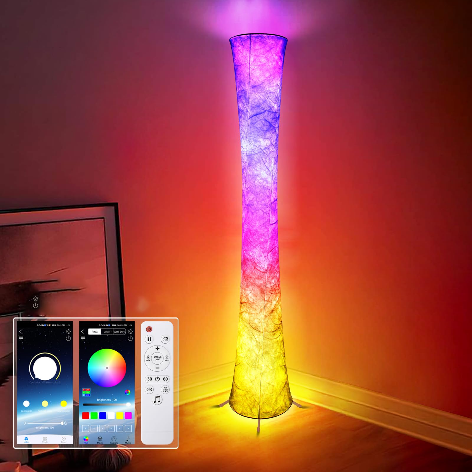 Floor Lamp, RGB Color Changing Led Smart Lamp, Music Sync, APP Remote Control, 62'' Standing Lamp for Living Room Bedroom Game R