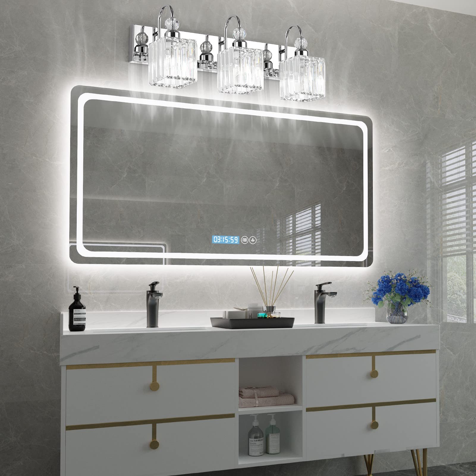 Ralbay Chrome Crystal Bathroom Vanity Light 3-Light Stainless Steel 8607 Square-Chrome 24in  Modern Fixture